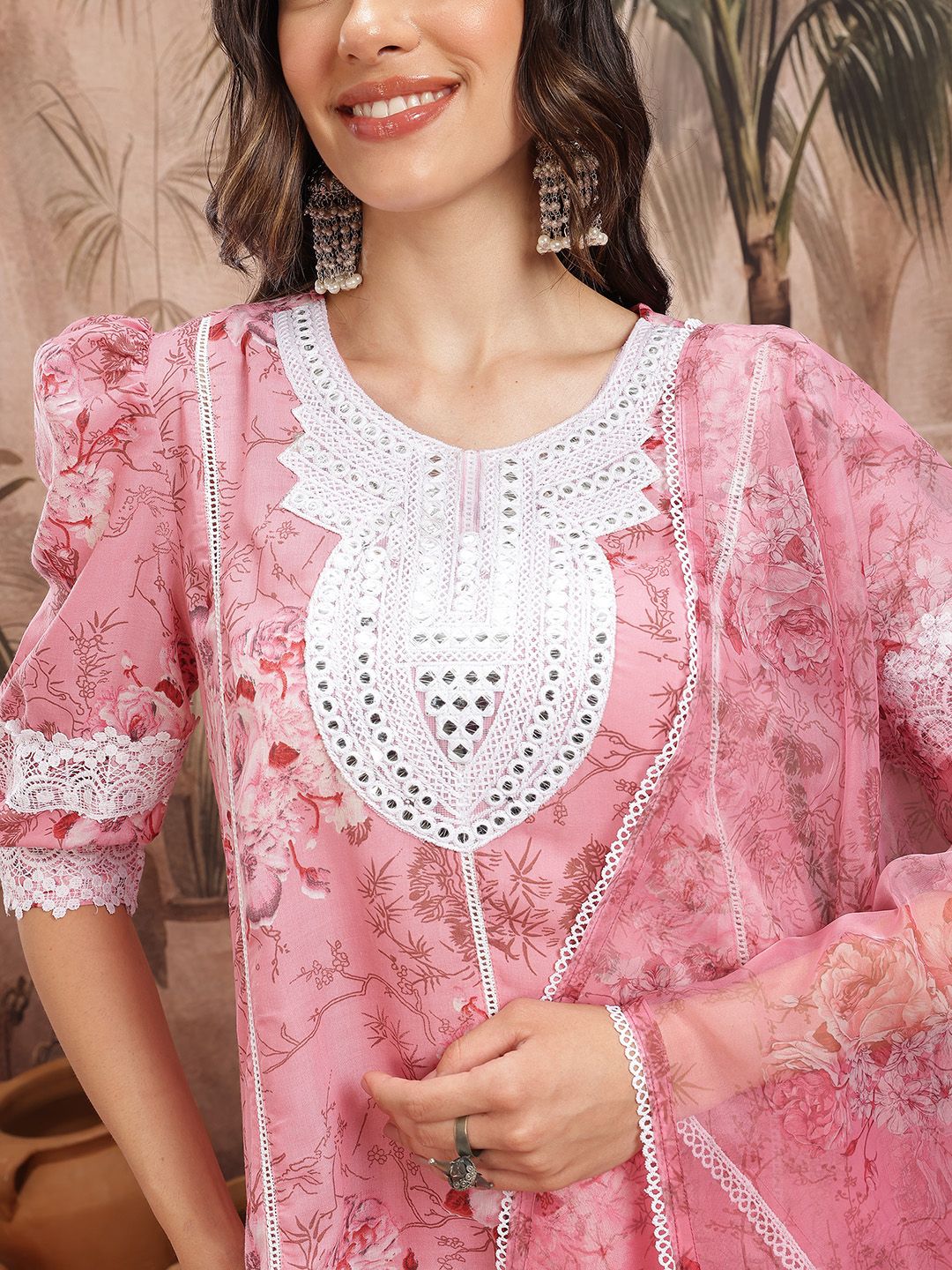 Dhiyona SN Women's Floral Print Paneled Kurta with Trousers & Dupatta