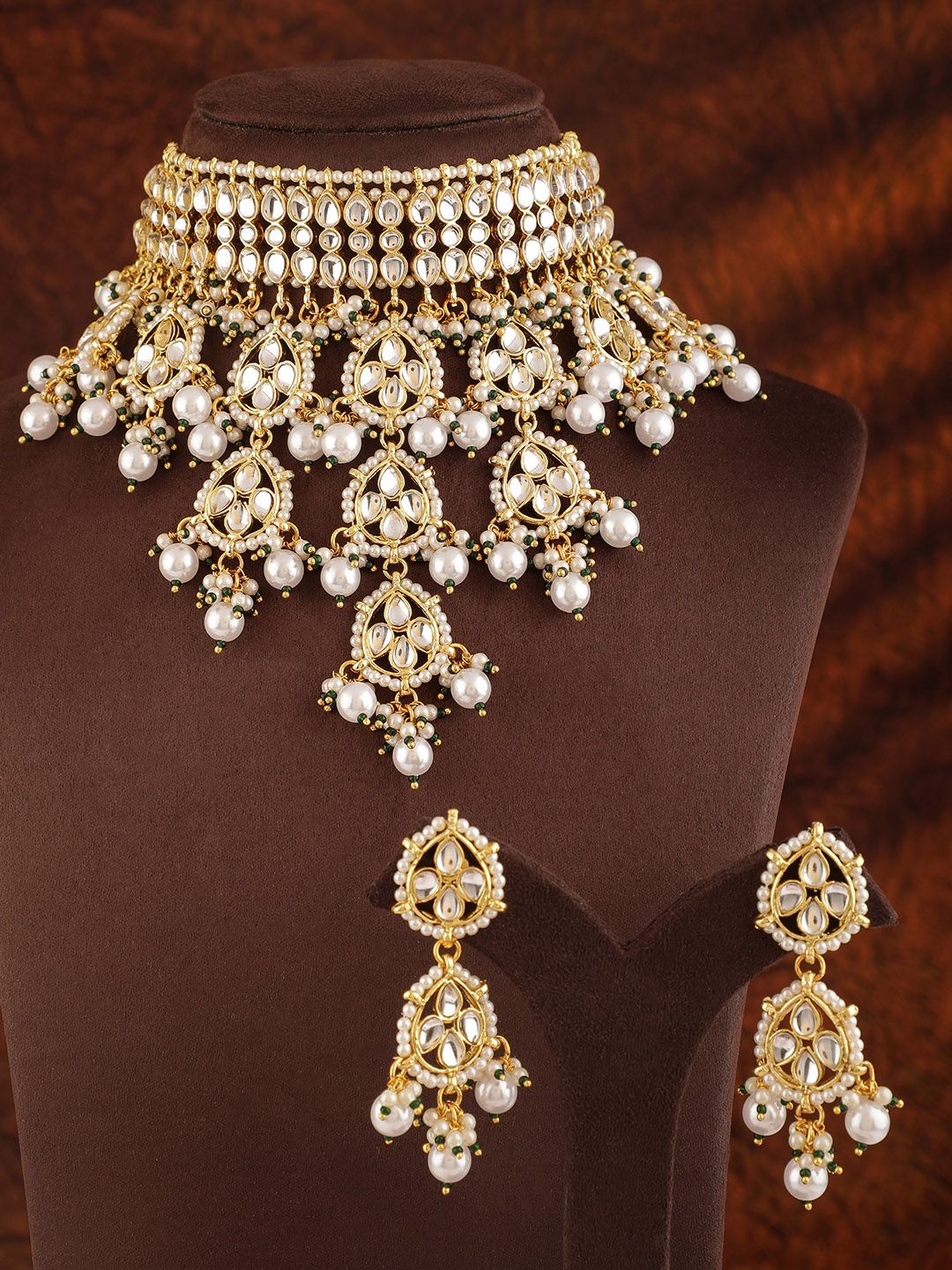 Dhiyona RJ Women's Women 22KT Gold Plated Luxury Kundan Studded White Beaded Choker Necklace Set