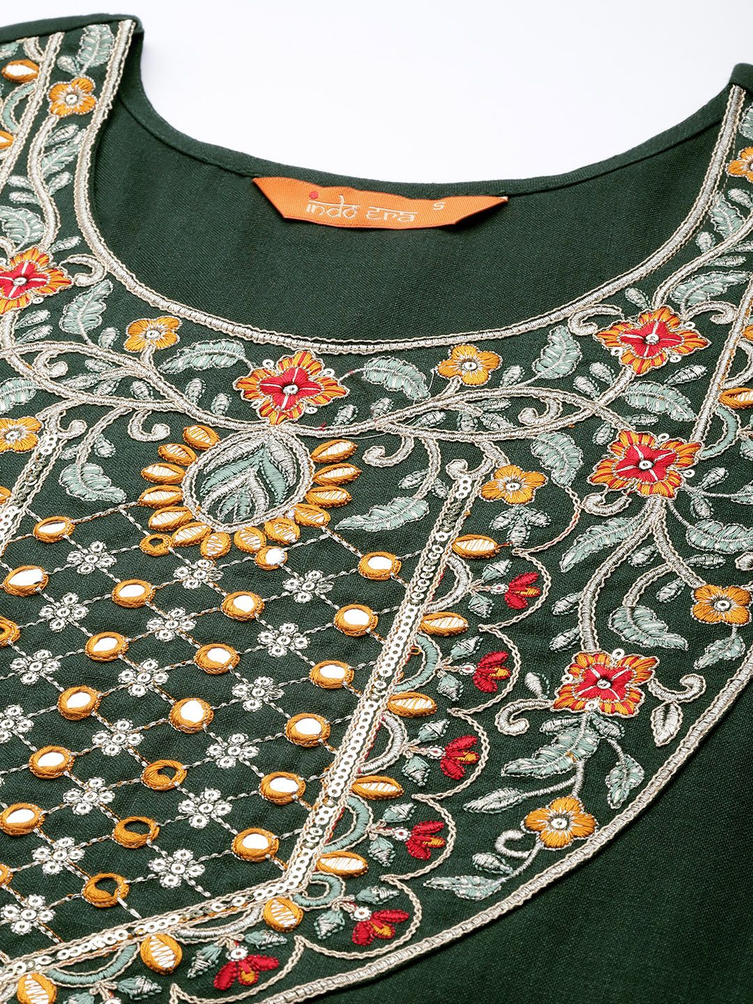Dhiyona IE Women Green Ethnic Motifs Yoke Design Mirror Work Kurta