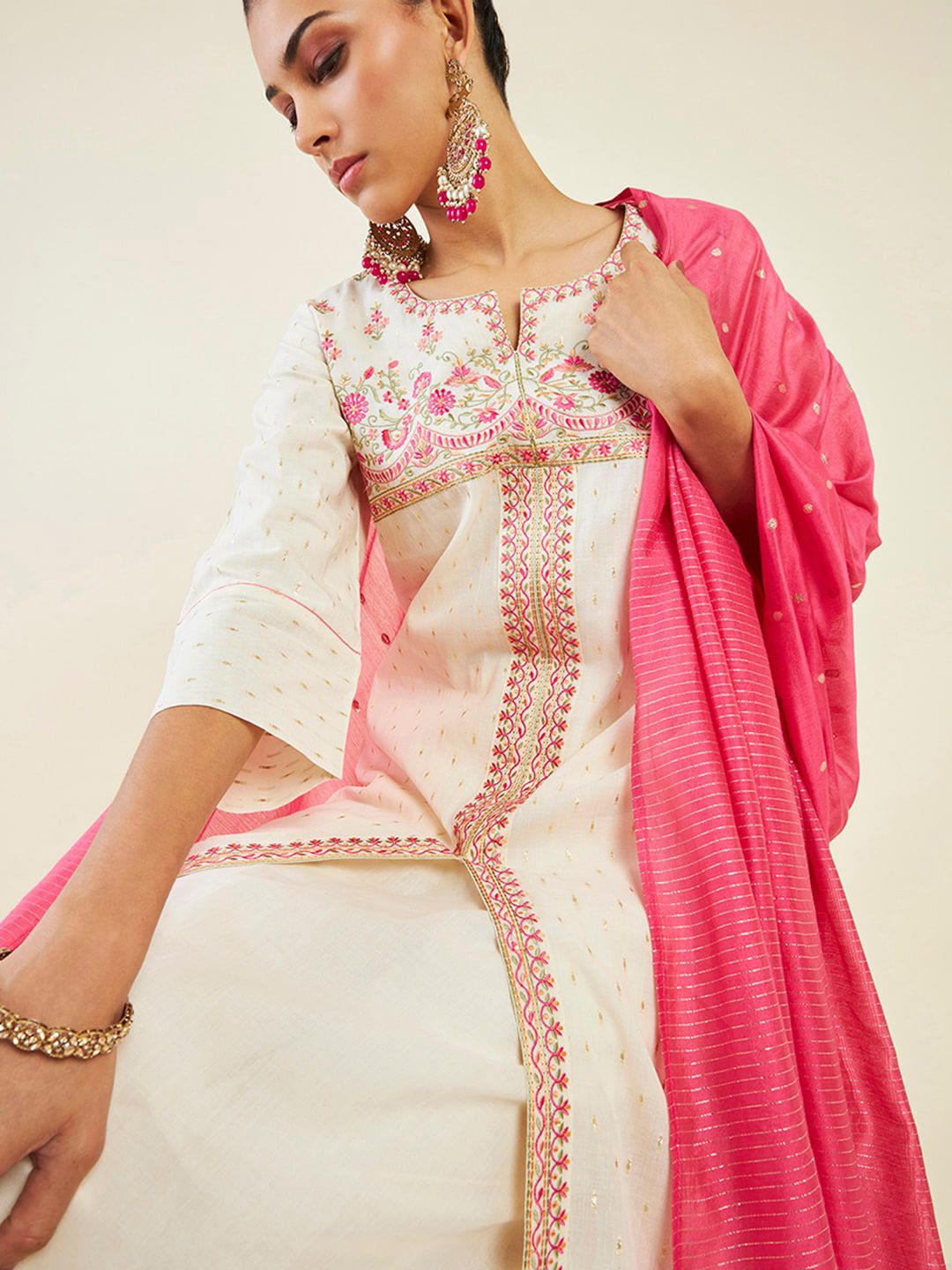 Dhiyona SO Women's Alina Cut Floral Embroidered Front Slit A-Line Pure Cotton Kurta with Trousers & Dupatta