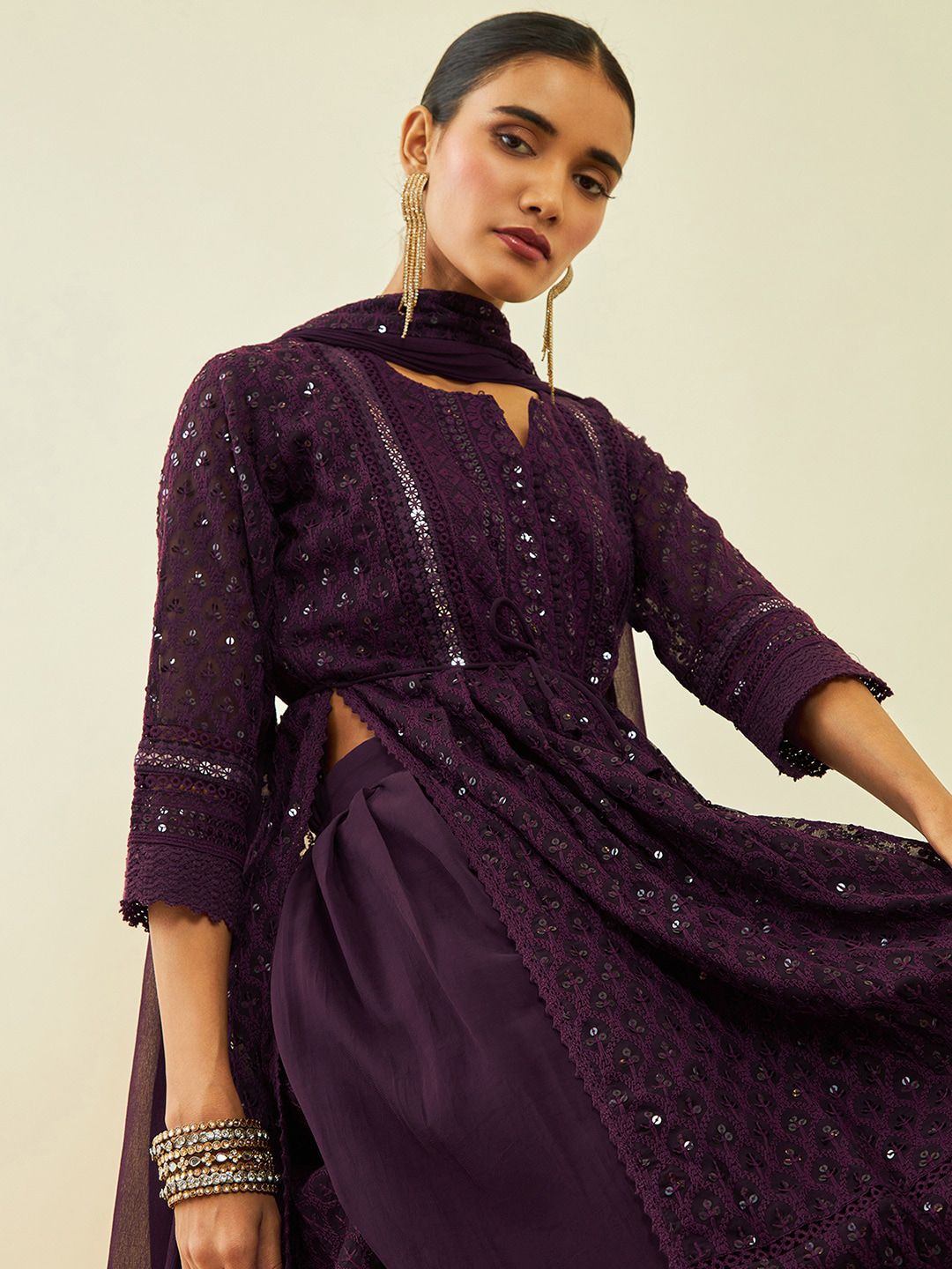 Dhiyona SO Women's Women Maroon Embroidered Pleated Sequinned Kurta with Palazzos & With Dupatta