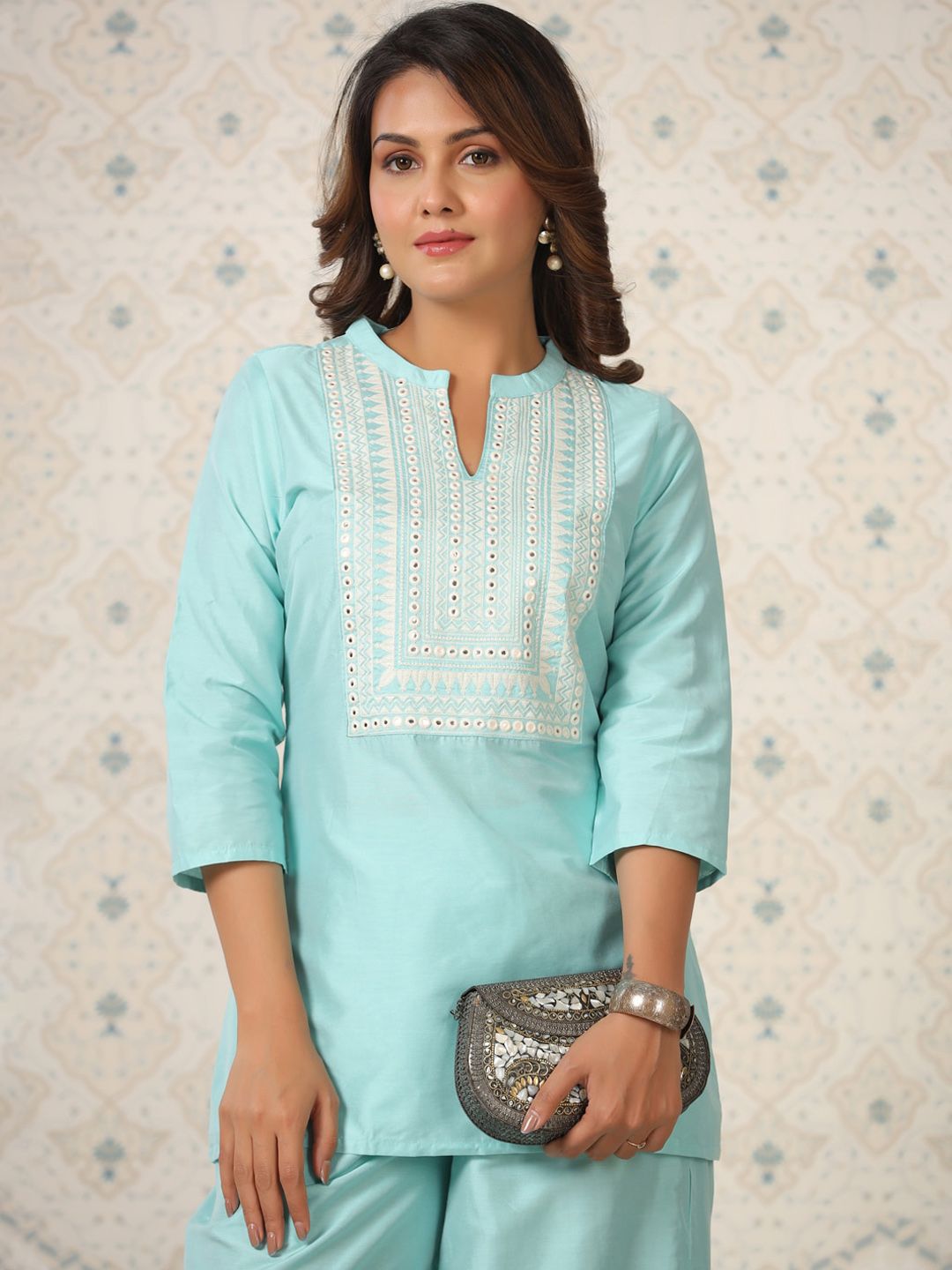 Dhiyona OD Ethnic Motifs Embroidered Mirror Work Kurti with Palazzos
