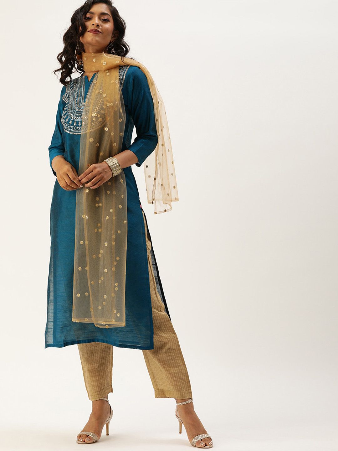 Dhiyona VA Women's Teal Layered Kurta with Trousers & With Dupatta