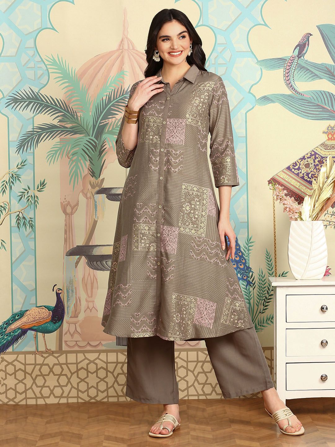 Dhiyona IS Women's Floral Printed Regular Three-Quarter Sleeves Shirt Collar Kurta with Trousers