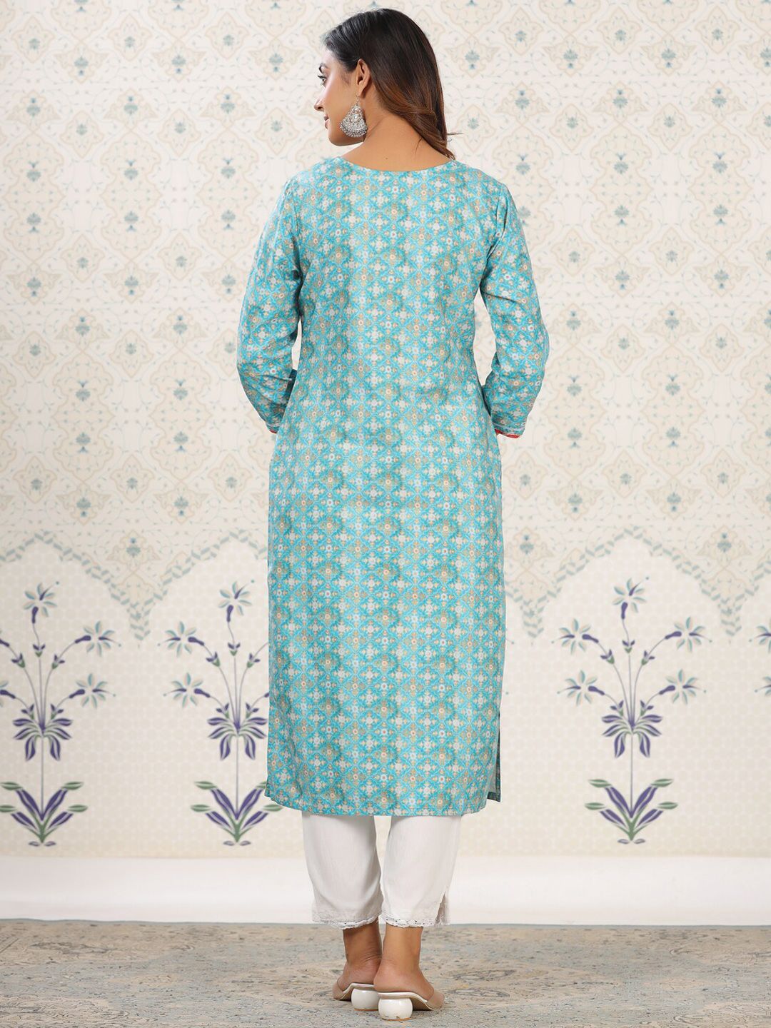 Dhiyona OD Sea Green Ethnic Printed Tie-Up Neck Gotta Patti Straight Kurta