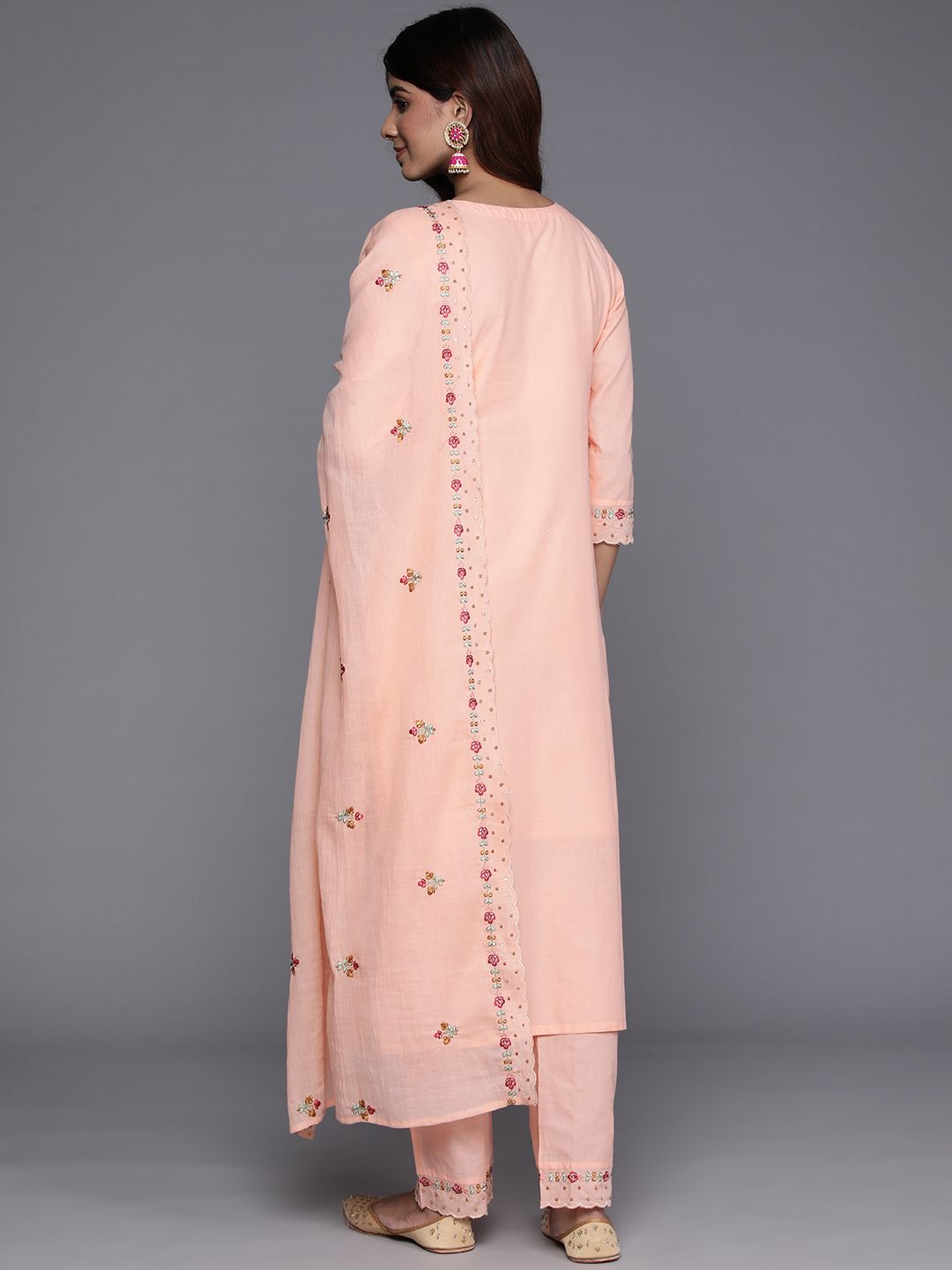 Dhiyona VA Women'sFloral Embroidered Sequinned Pure Cotton Kurta with Trousers & Dupatta