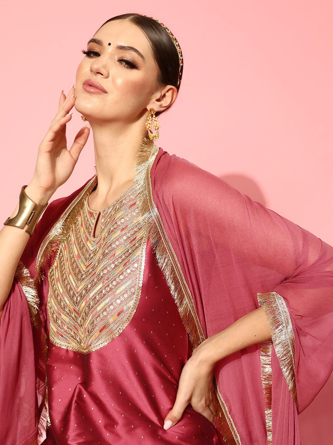 Dhiyona VA Women'sEthnic Motifs Yoke Design Regular Sequinned Kurta with Trousers & Dupatta