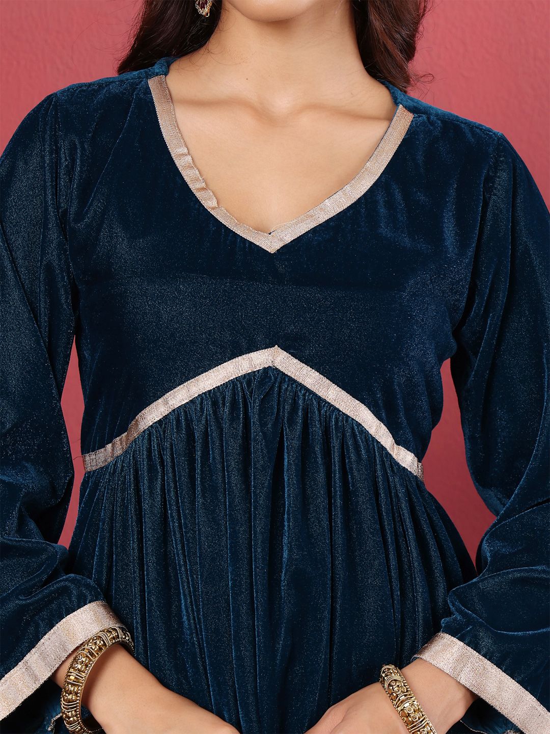 Dhiyona VA Women'sNavy Blue Flared Sleeves Lace Velvet Empire Kurta with Trousers & Dupatta