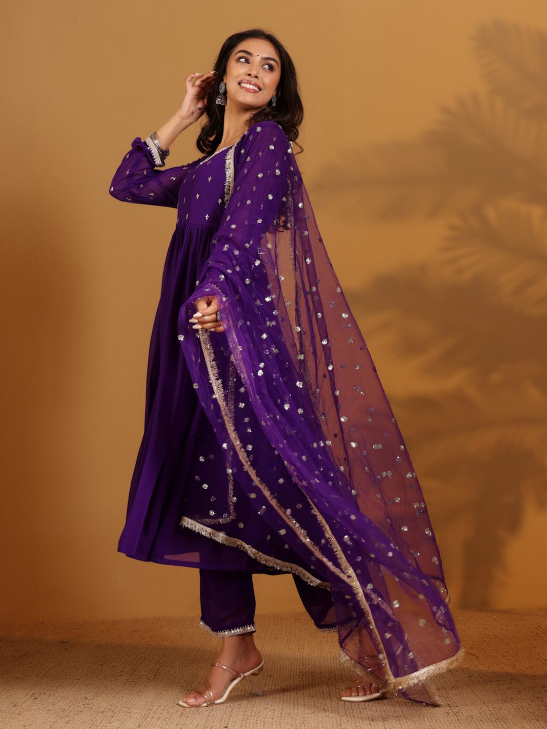 Dhiyona VA Women'sFloral Embroidered Sequnnied Silk Georgette Anarkali Kurta With Trousers & Dupatta