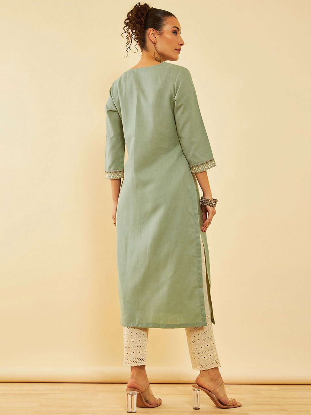 Dhiyona SO Women's Floral Yoke Design Regular Thread Work Kurta with Palazzos