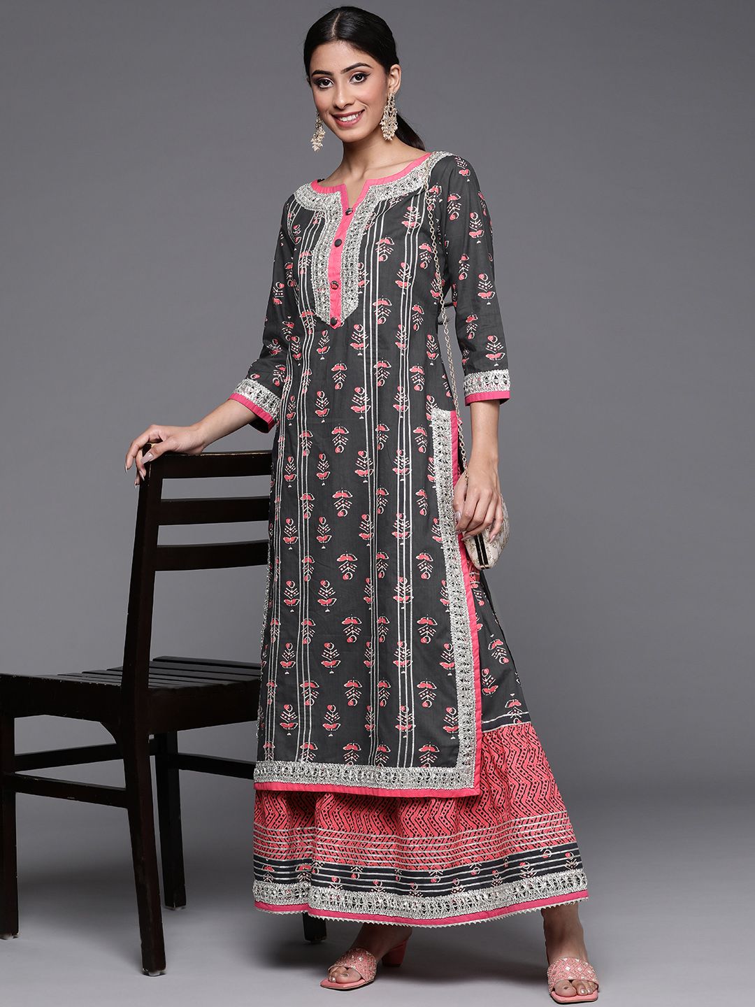 Dhiyona VA Women's Grey Ethnic Motifs Printed Kurta with Sharara
