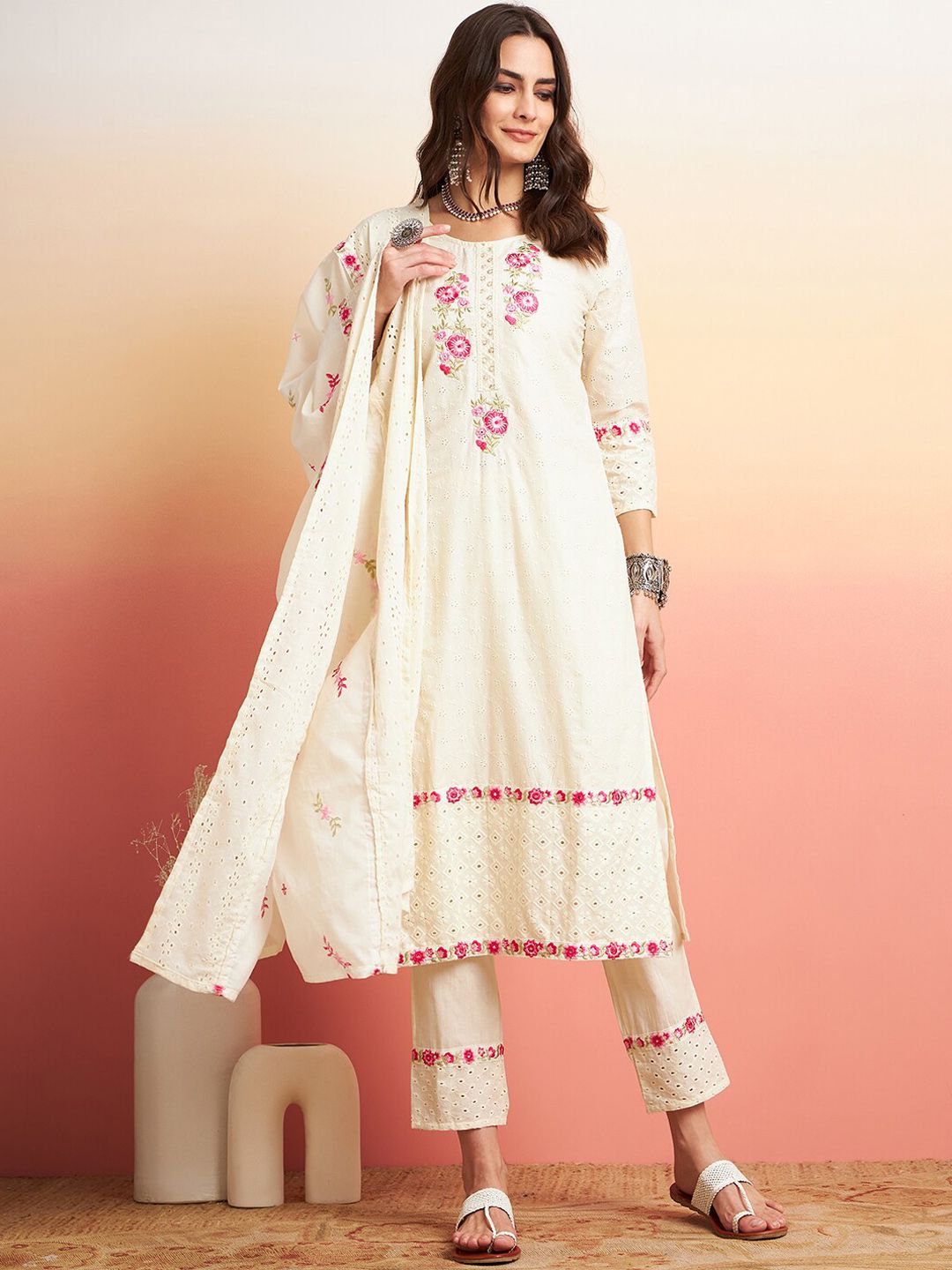 Dhiyona SN Women's Pure Cotton Floral Embroidered Straight Kurta With Trousers & Dupatta