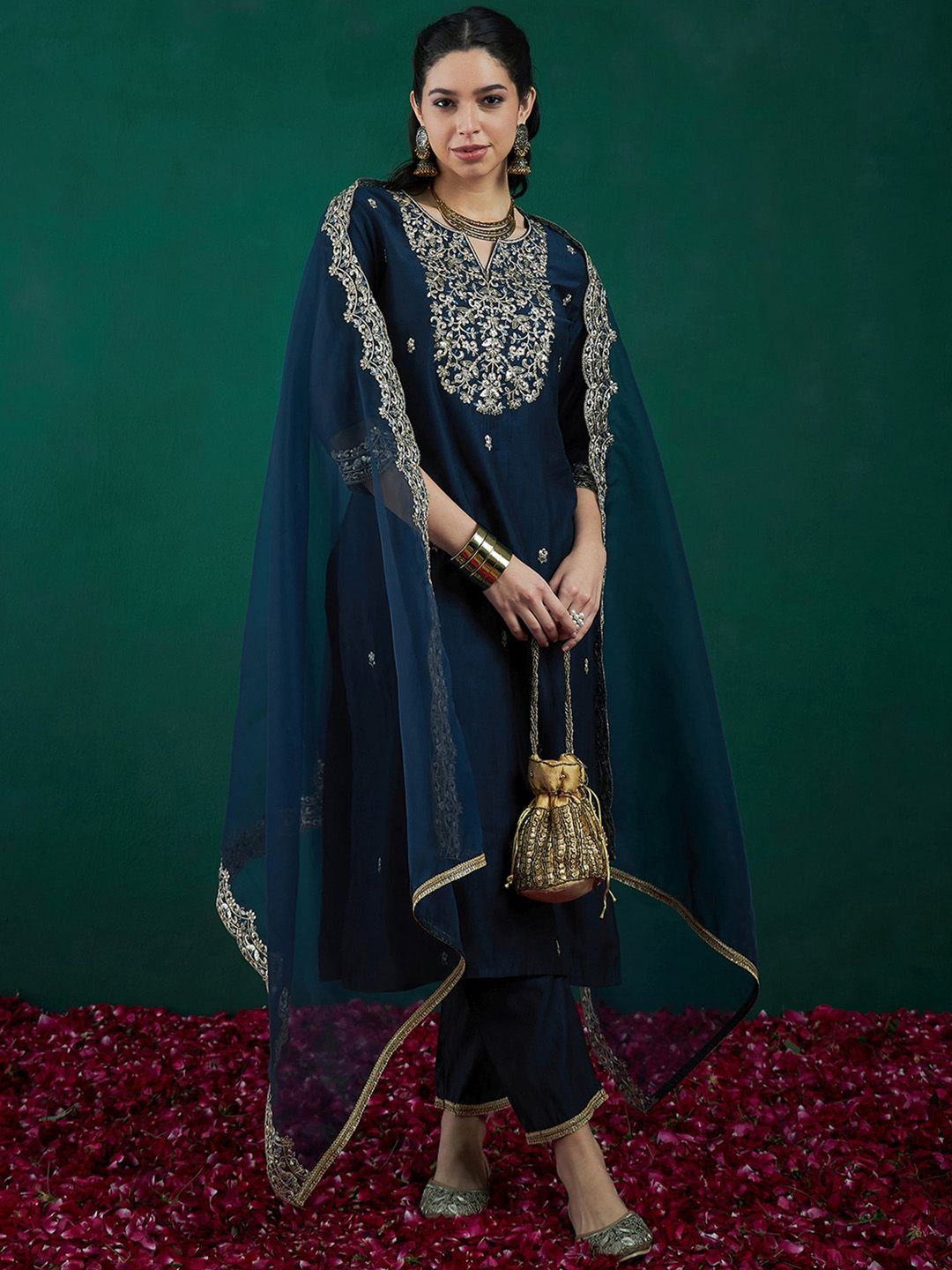 Dhiyona IE Floral Embroidered Regular Thread Work Liva Kurta With Trousers & Dupatta