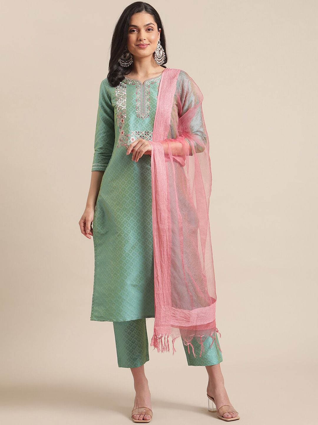 Dhiyona VA Women's Sea Green Thread Embroidered Yoke Textured Kurta with Trouser