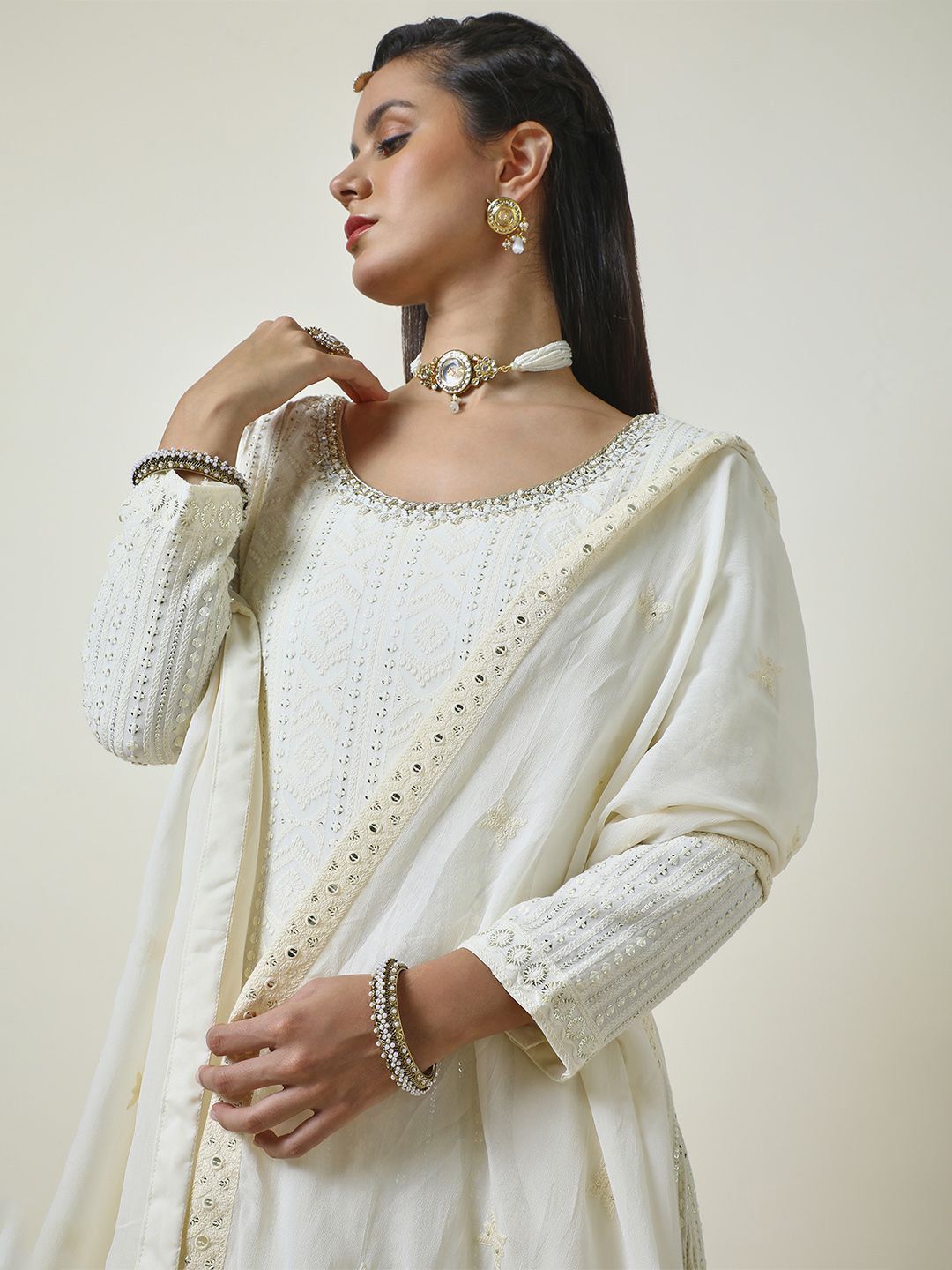 Dhiyona SO Women's Floral Embroidered Regular Sequinned Anarkali Kurta with Churidar & Dupatta