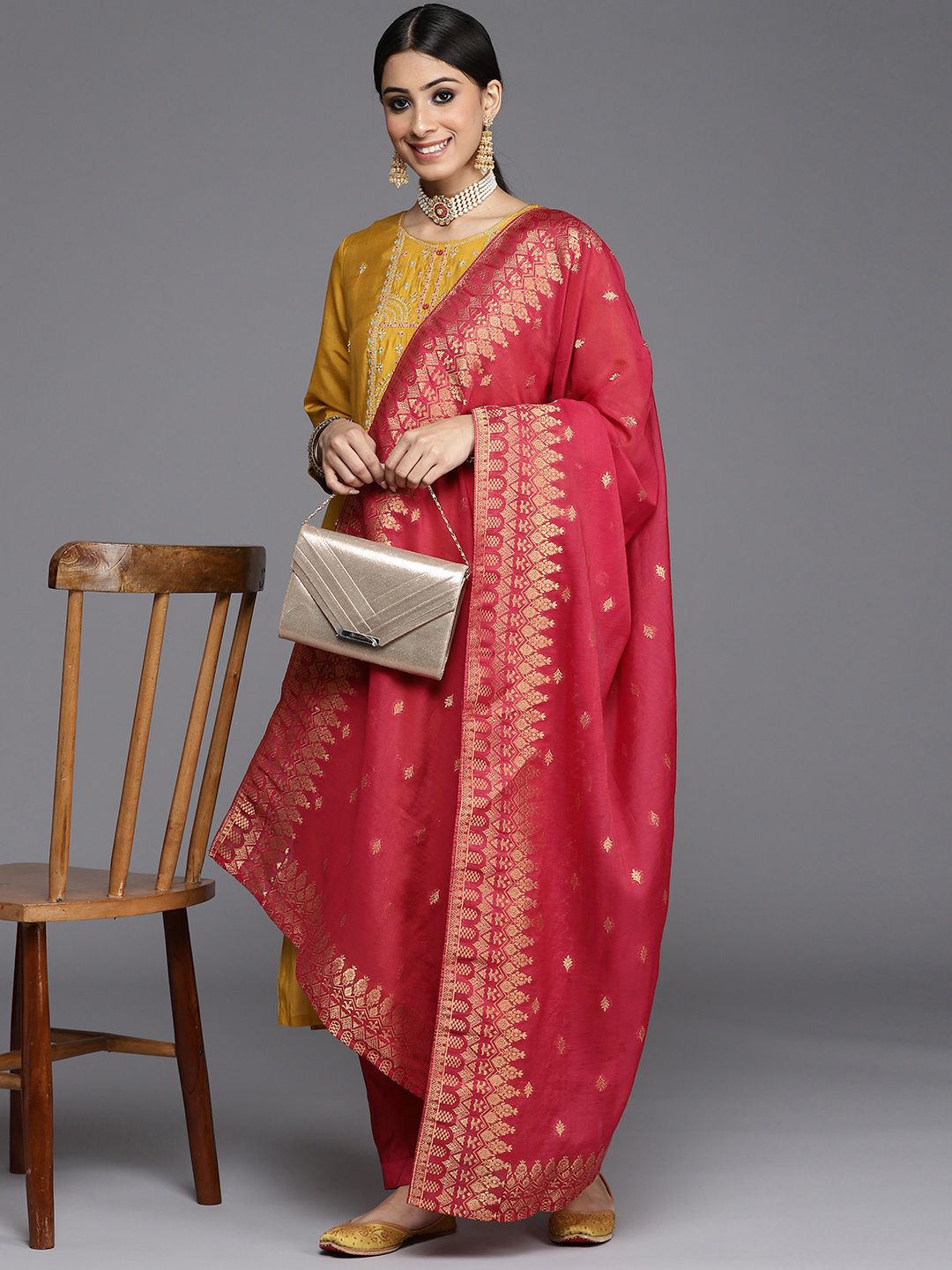 Dhiyona VA Women's Mustard Yellow Ethnic Motifs Embroidered Kurta with Trousers & Dupatta