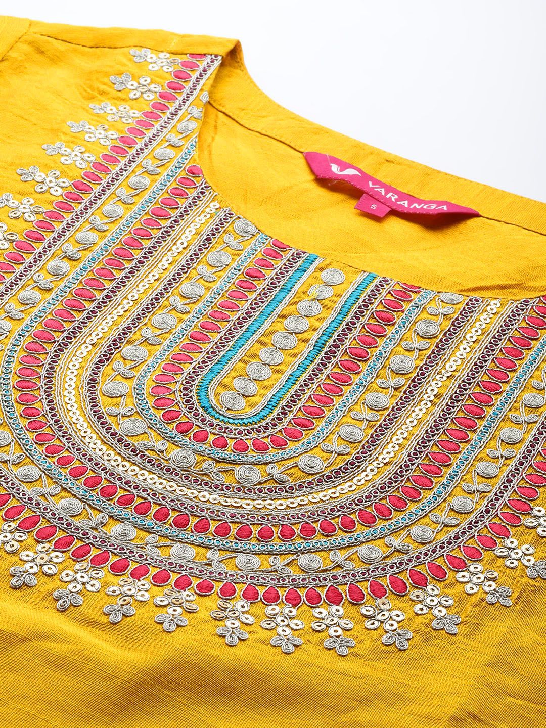 Dhiyona VA Women's Mustard Yellow & Pink Yoke Design Kurta with Trousers & Dupatta