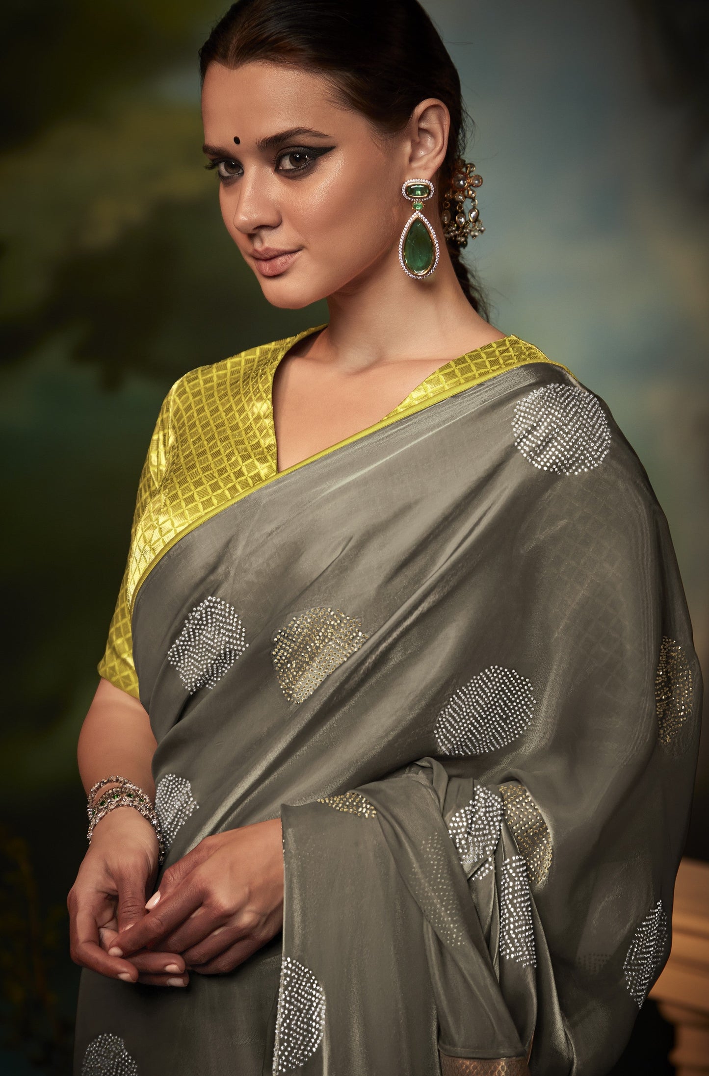 Dhiyona KM Women Elegant Grey Silk Saree With Diamond Work And Contrast Yellow Blouse “ Party & Festive Wear