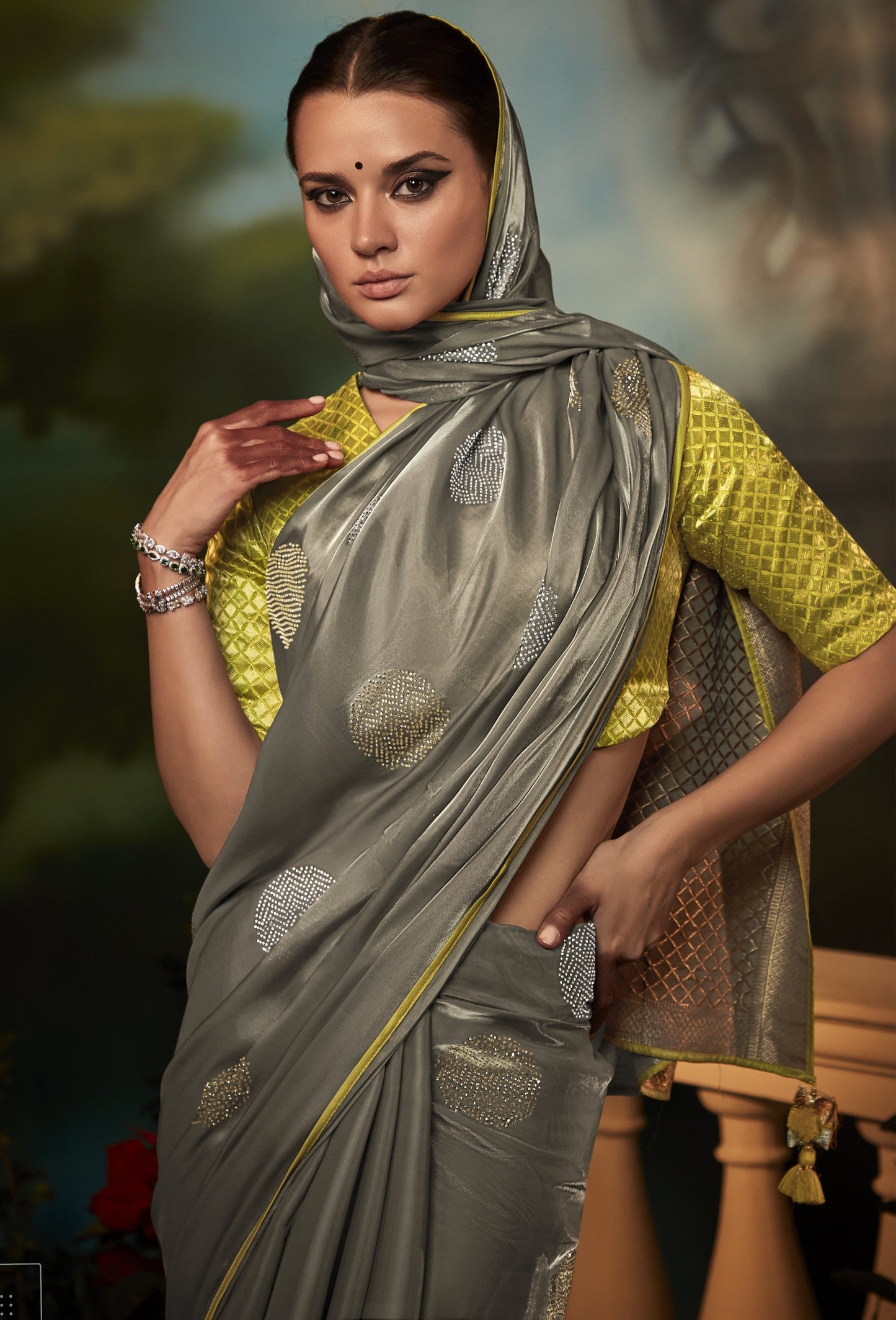 Dhiyona KM Women Elegant Grey Silk Saree With Diamond Work And Contrast Yellow Blouse “ Party & Festive Wear