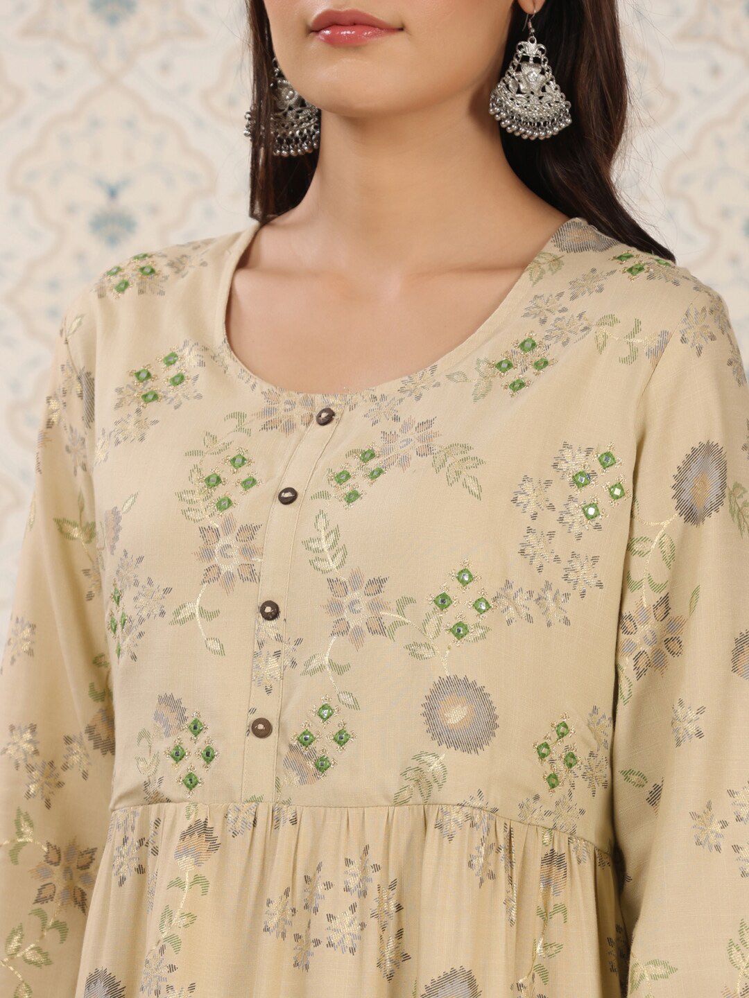 Dhiyona OD Ethnic motifs Printed Mirror Work Detailed A-Line Kurta