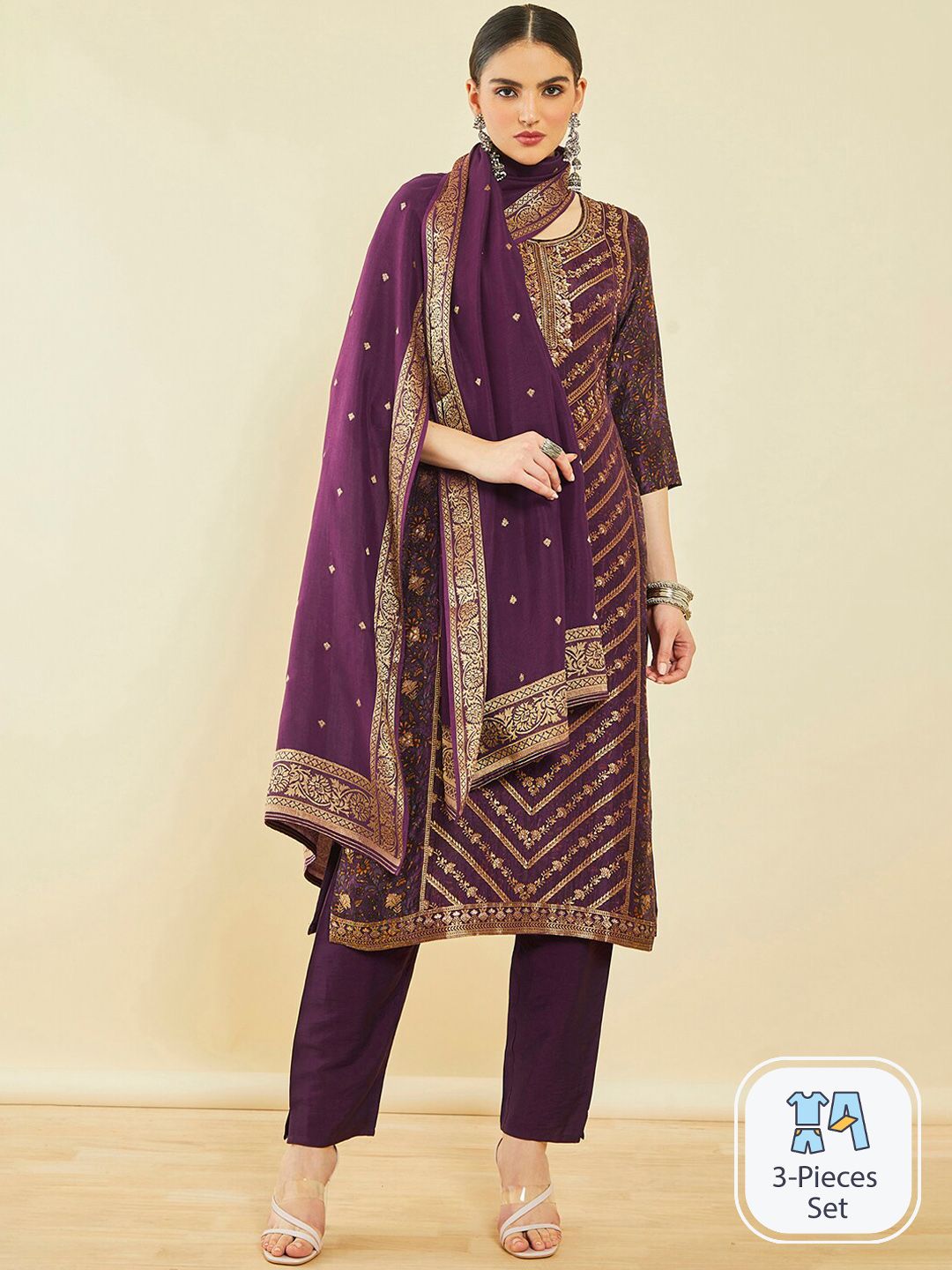 Dhiyona SO Women's Ethnic Motifs Printed Beads and Stones Thread Work Kurta with Trousers & Dupatta