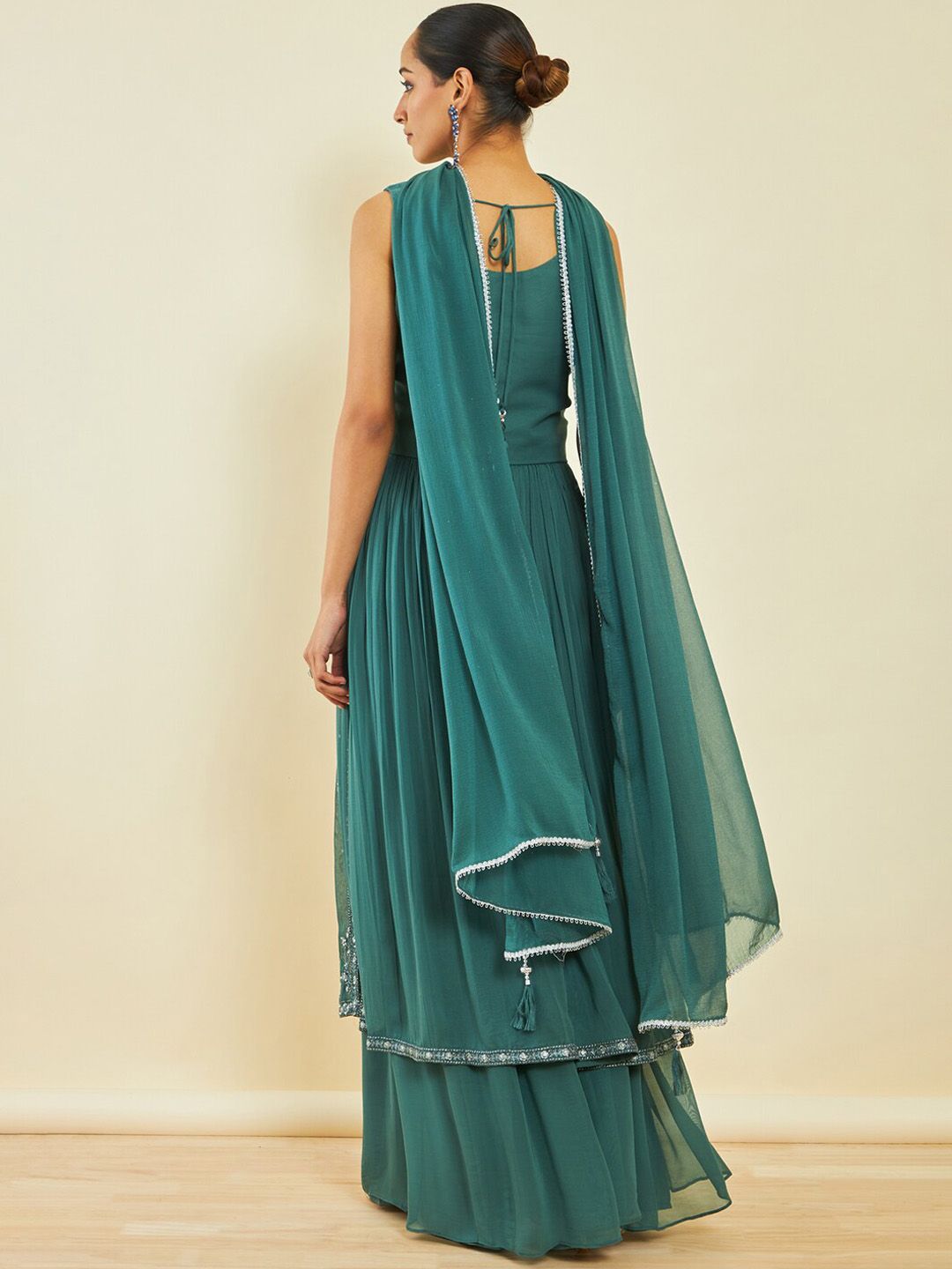 Dhiyona SO Women's Floral Embroidered Beads And Stones A-line Kurta With Palazzos & Dupatta