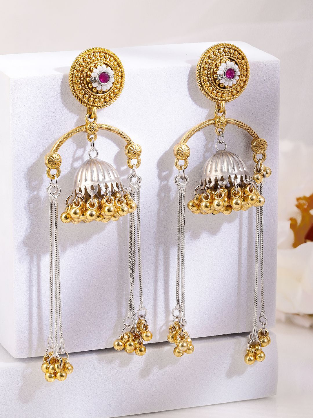 Dhiyona RJ Women's Dual-Tone Oxidised Silver-Plated Gold Beaded Dome Jhumka with Ruby & Chain Dangles
