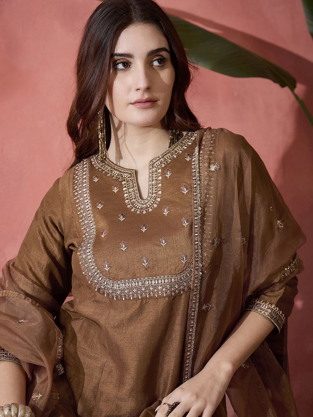 Dhiyona SN Women's Floral Embroidered Sequinned A-Line Kurta With Trousers & Dupatta