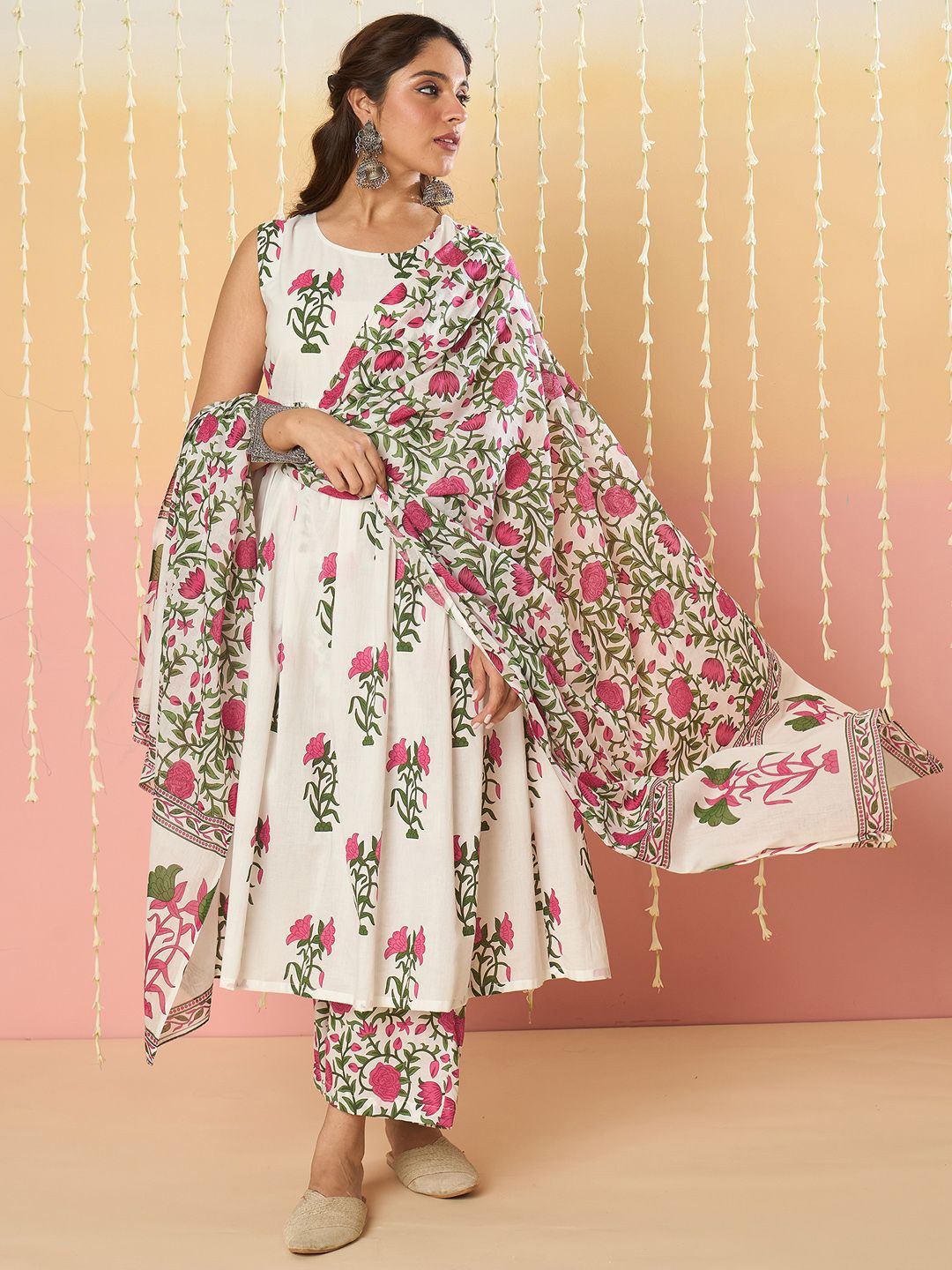 Floral Printed Anarkali Pure Cotton Kurta With Palazzos & Dupatta