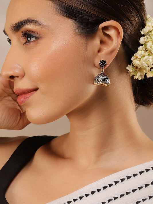 Dhiyona RJ Women's Oxidised Silver-Plated Dual-Tone with Gold Beaded Drops Jhumka Earrings