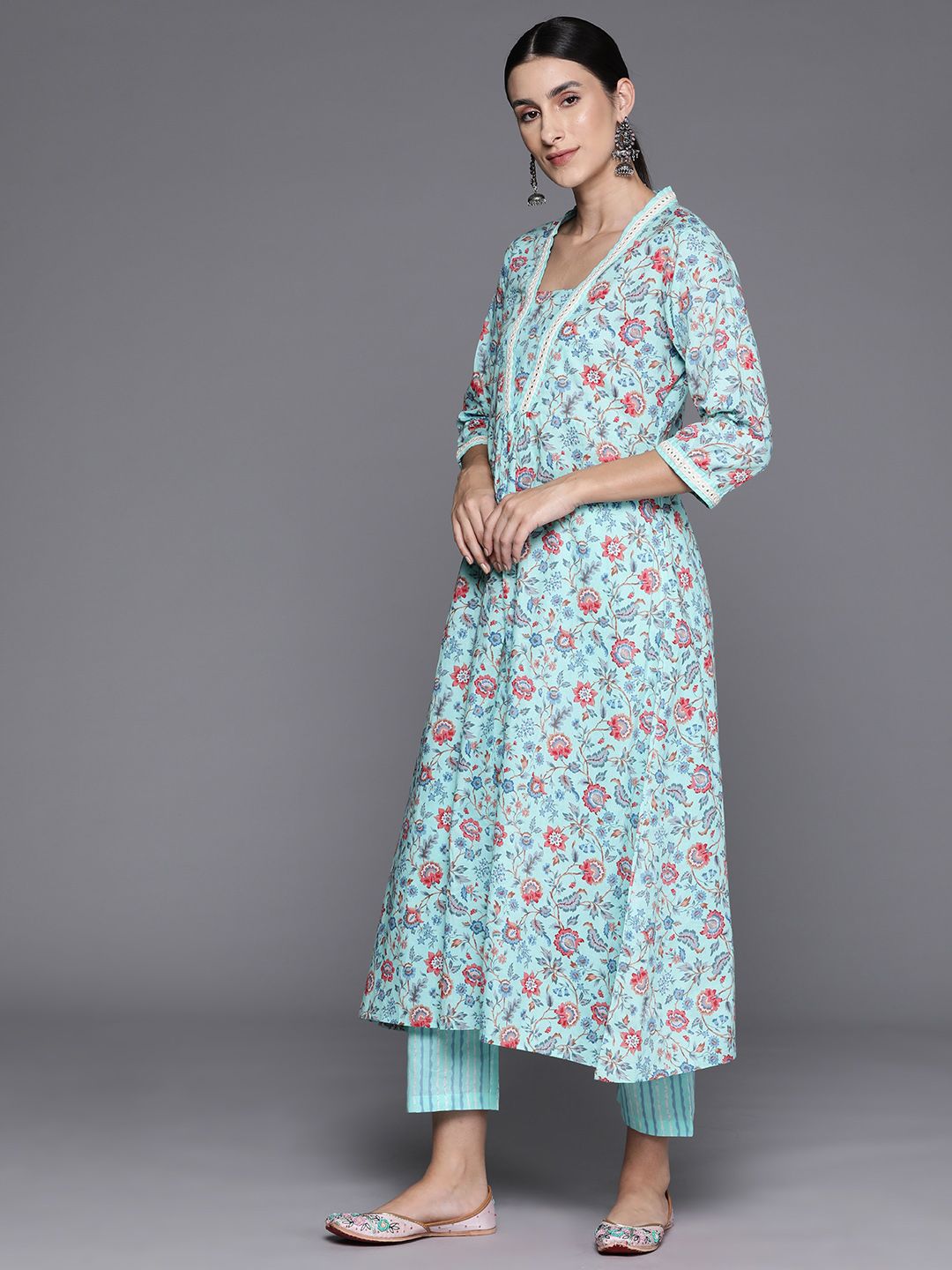 Dhiyona VA Women's Floral Printed Empire Mirror Work Cotton Kurta with Trousers & With Dupatta