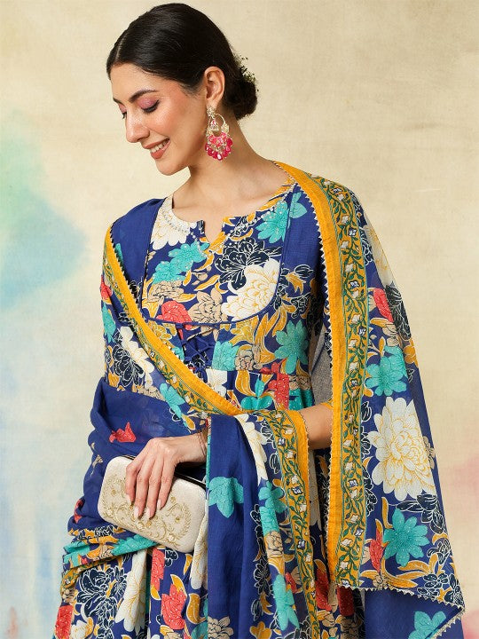 Women's Floral Printed Pure Cotton Anarkali Kurta With Trousers And Dupatta