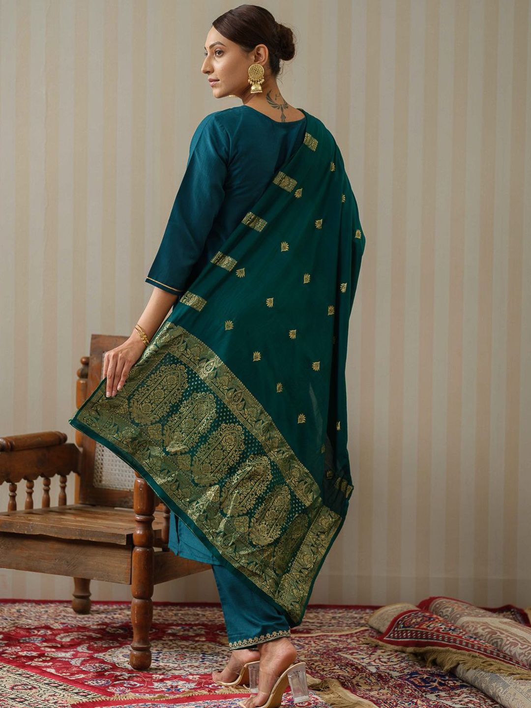 Dhiyona OD Ethnic Motifs Embroidered Straight Kurta & Trousers With Dupatta