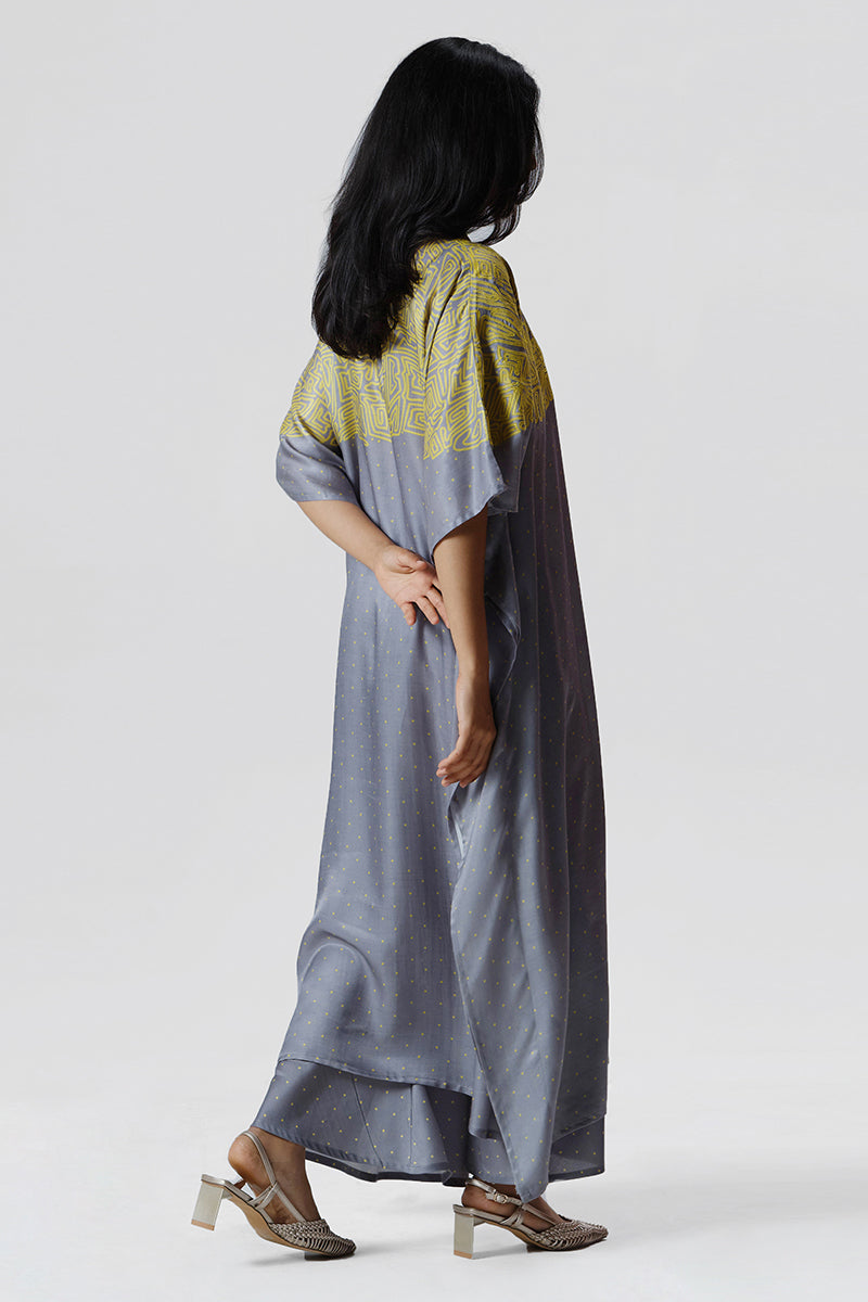 Women's Dove Grey and Olive Gaji Silk Kaftan Set