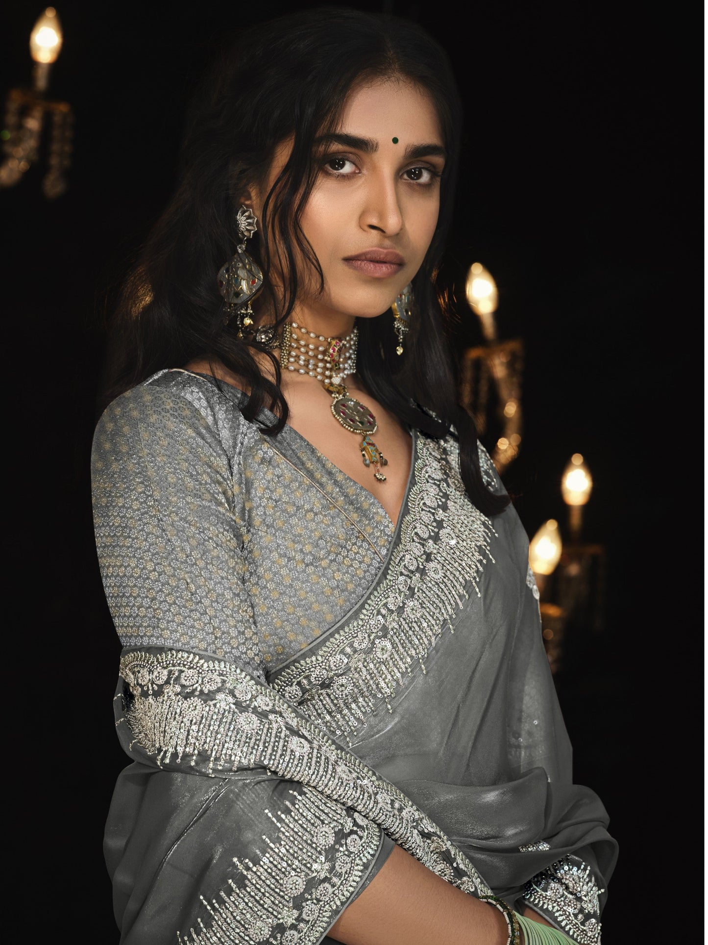 Dhiyona KM Women Graceful Grey Silk Saree With Intricate Silver Embroidery