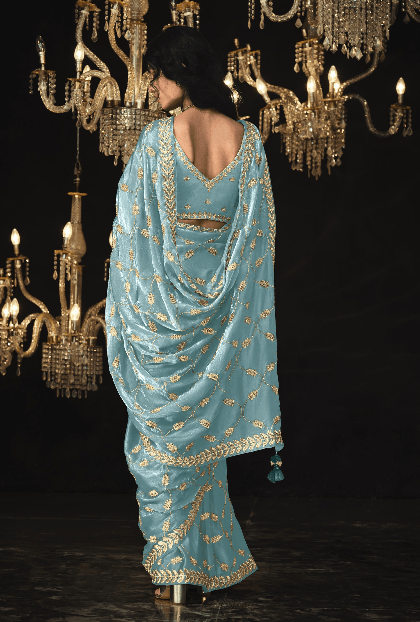 Dhiyona KM Women Sky Blue Saree With Silver Embroidery