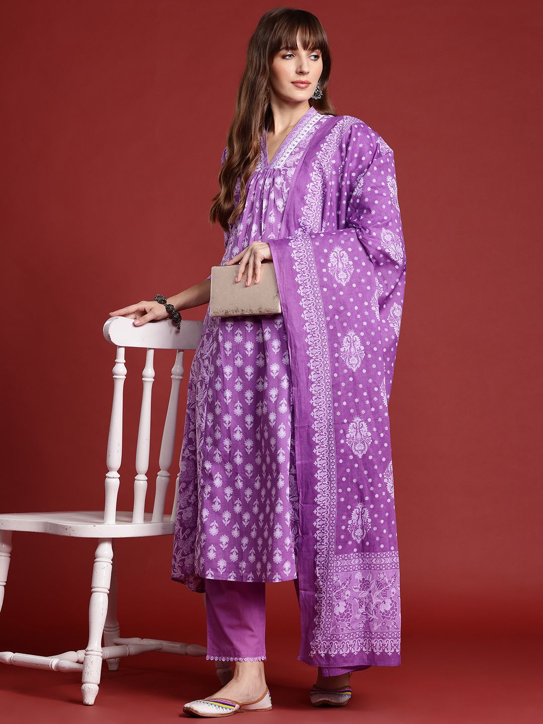 Floral Printed Pleated Pure Cotton Kurta With Trousers & Dupatta