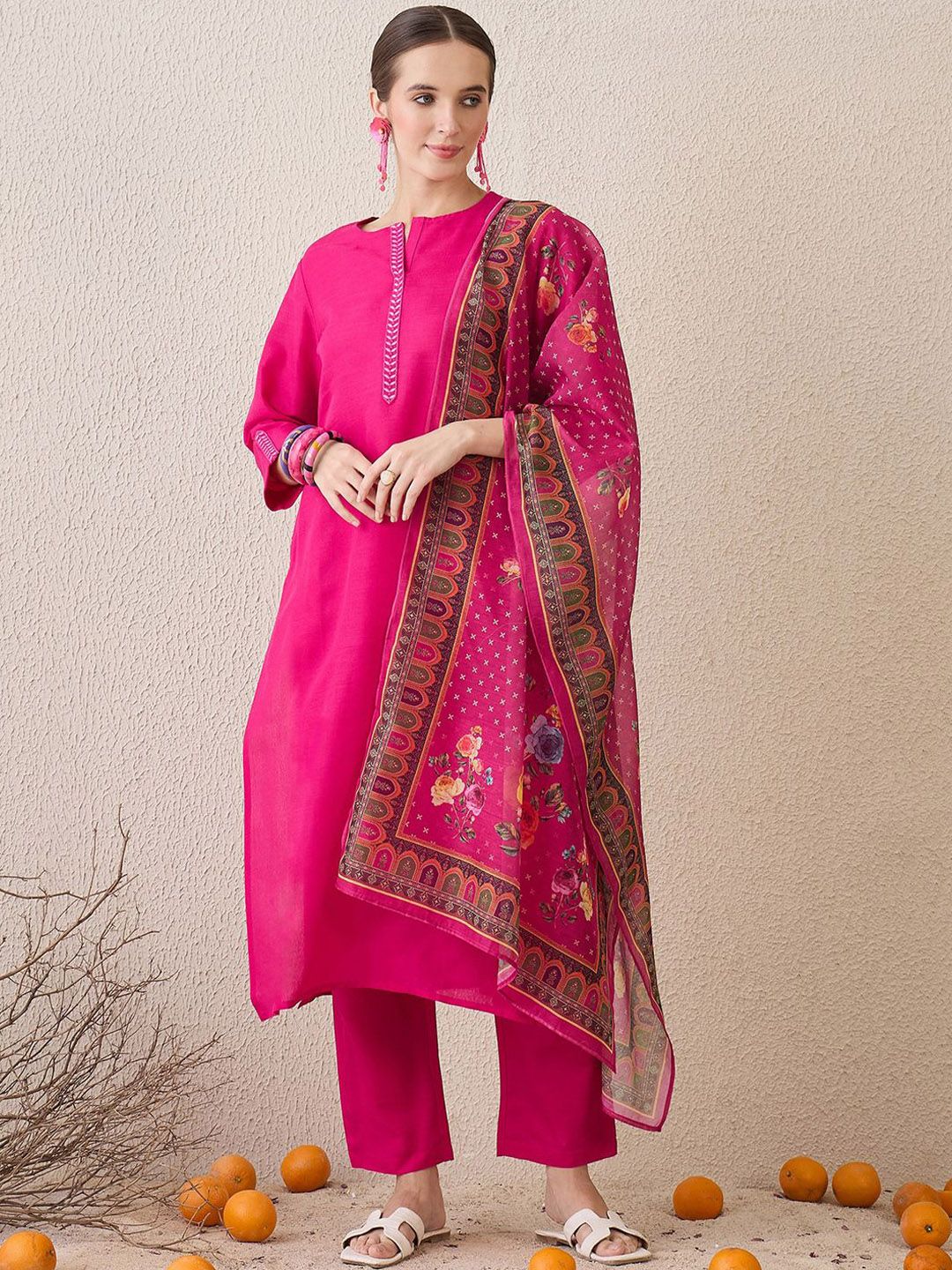Dhiyona IE Floral Yoke Design Notch Neck Thread Work Straight Kurta With Trousers & Dupatta