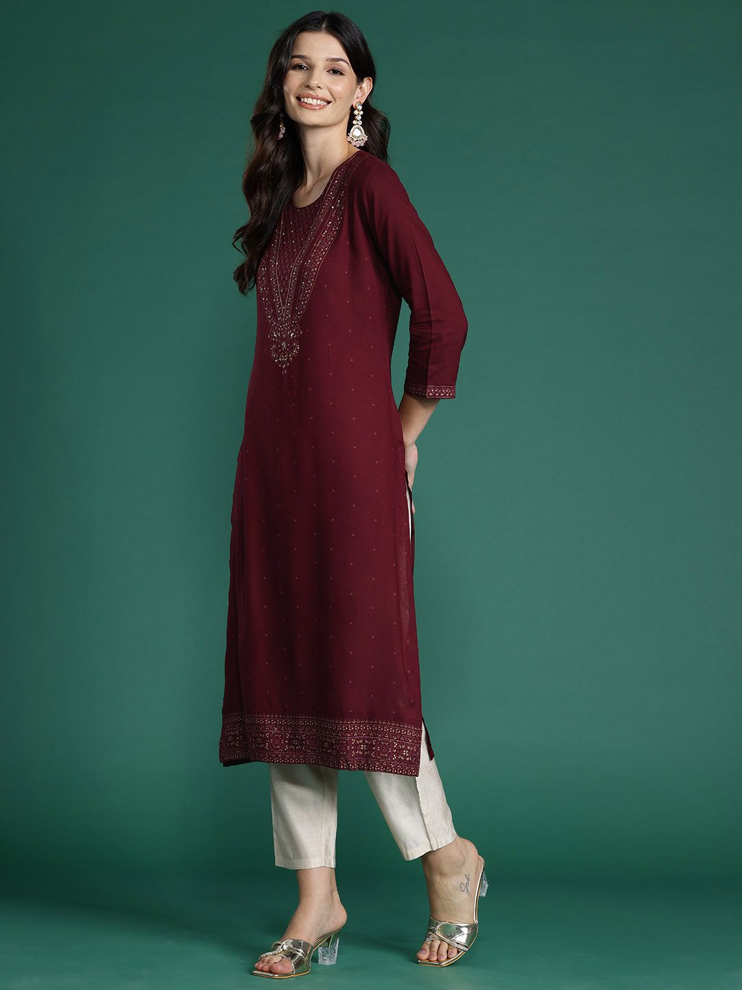 Dhiyona IE Pack of 2 Floral Foil Printed Sequined Kurta