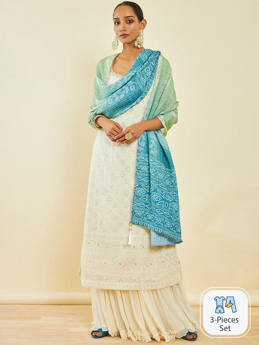 Dhiyona SO Women's Off White & Blue Floral Embroidered Georgette Kurta with Palazzos & Dupatta