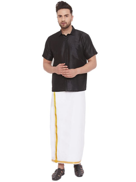 Men's Black Silk Blend Straight Shirt And Mundu