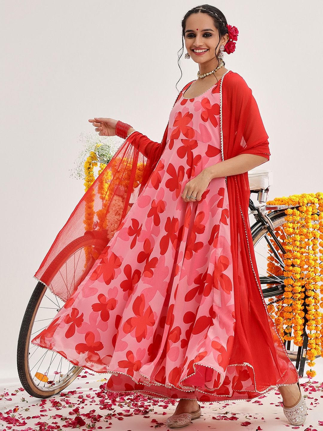 Dhiyona VA Women's Floral Printed Gotta Patti Silk Georgette Kurta with Palazzos & With Dupatta
