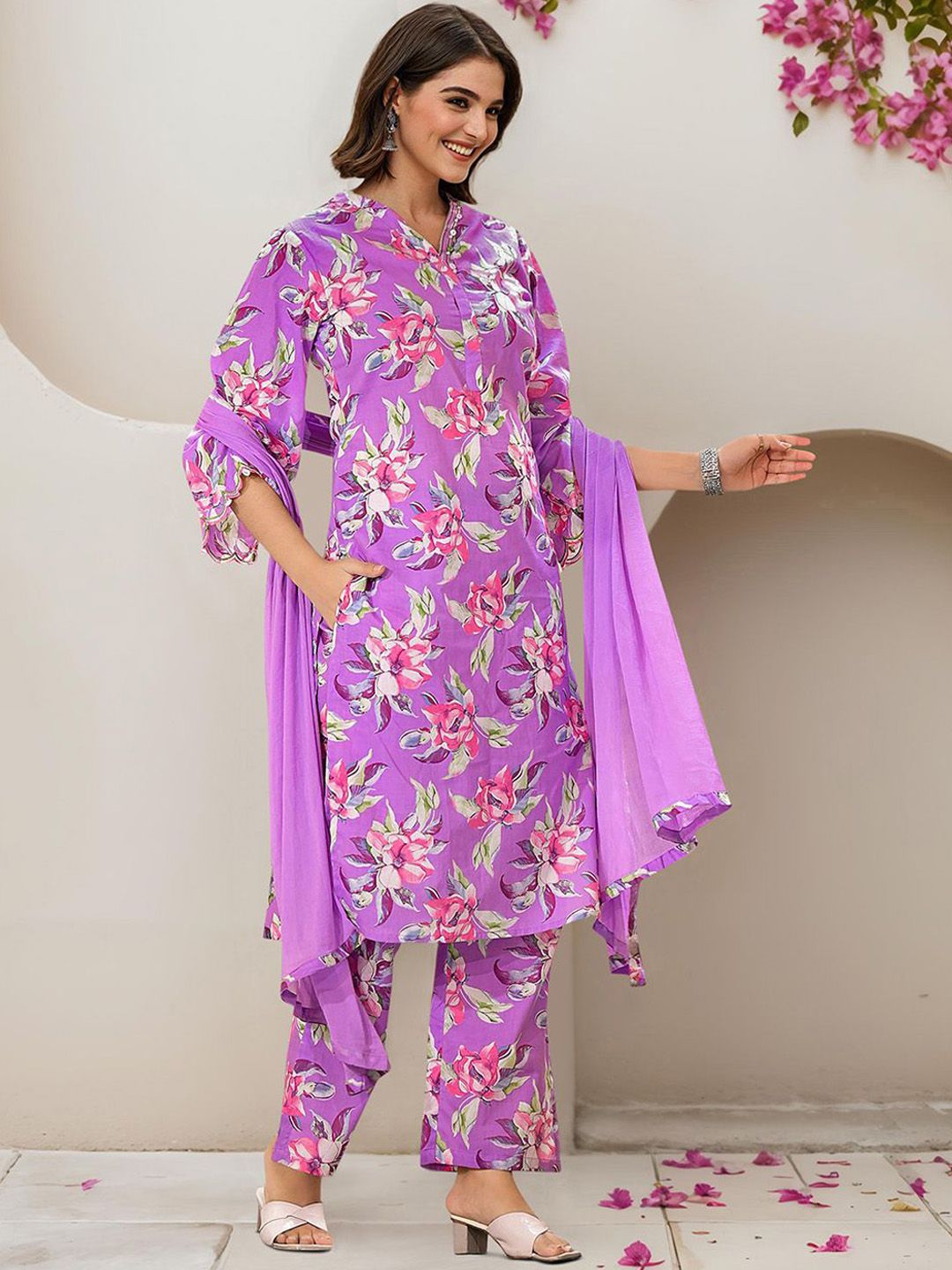 Dhiyona IS Women's Floral Printed Pure Cotton Kurta with Trousers & Dupatta