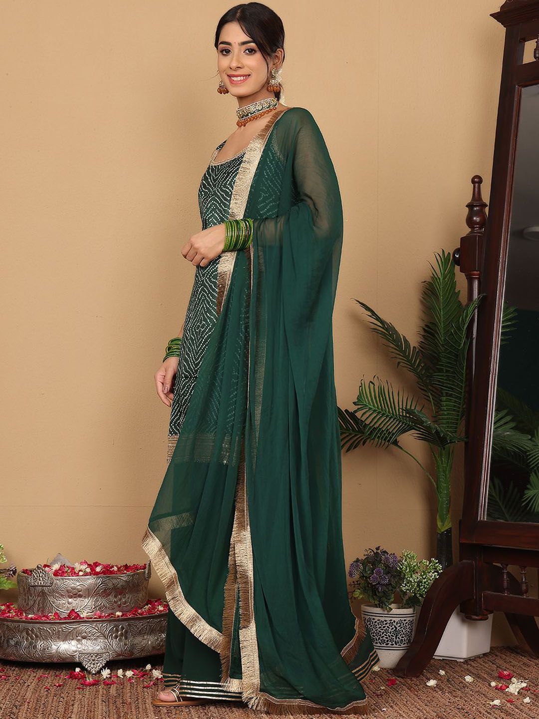 Dhiyona VA Women'sBandhani Printed Beads and Stones Pure Silk Straight Kurta With Palazzo & Dupatta