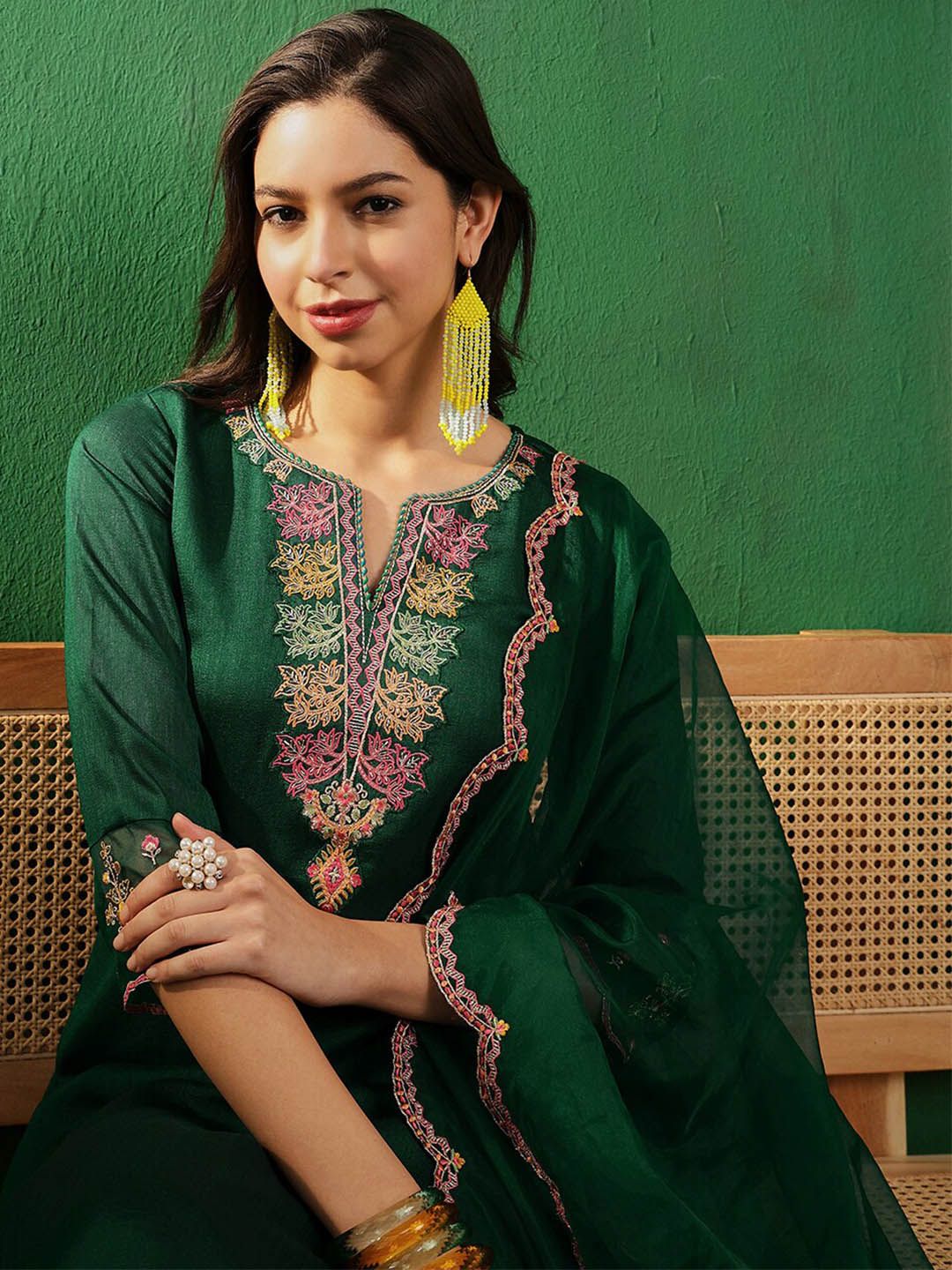 Dhiyona SN Women's Teal Green & Pink Embroidered Straight Kurta With Palazzos & Dupatta