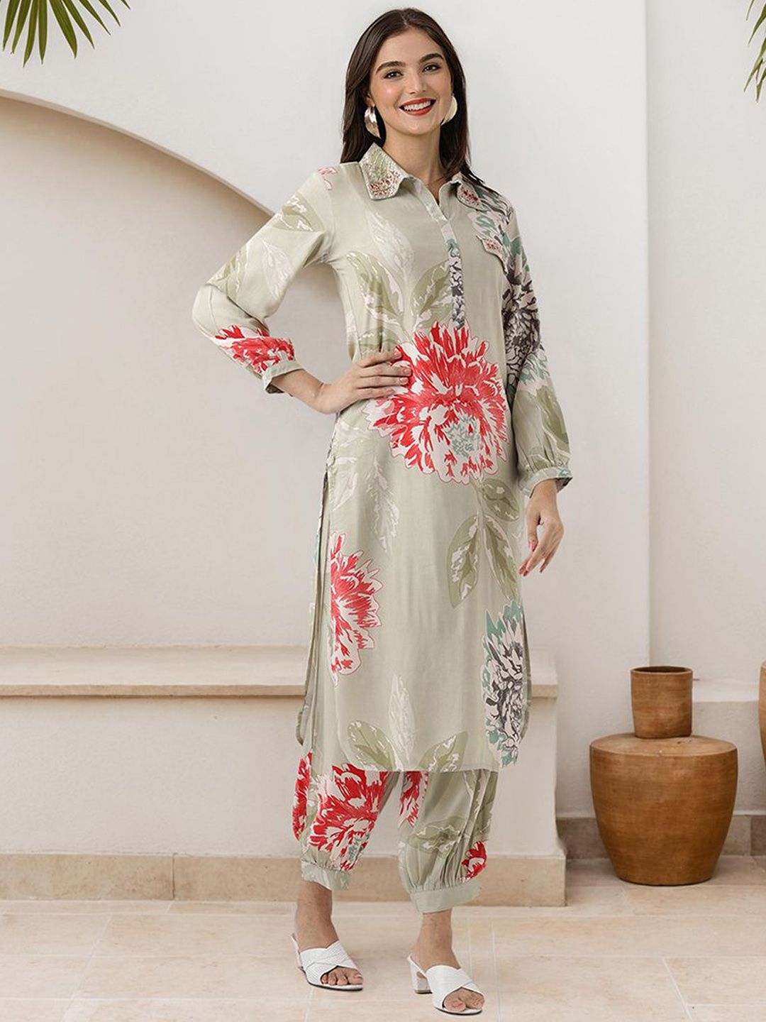 Dhiyona IS Women's Floral Printed Shirt Collar Straight Kurta With Trouser