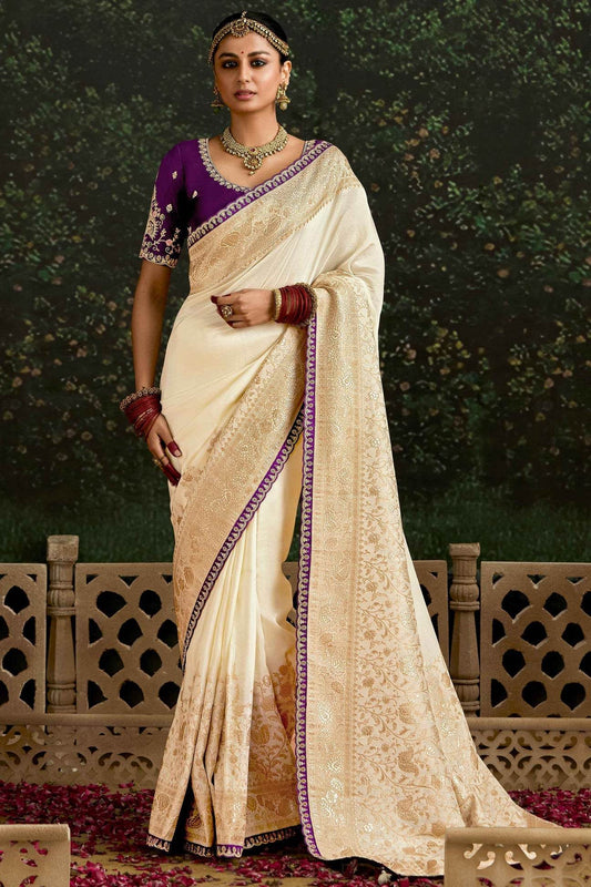 Dhiyona KM Women Off-White Banarasi Dola Silk Saree With Golden Zari Work