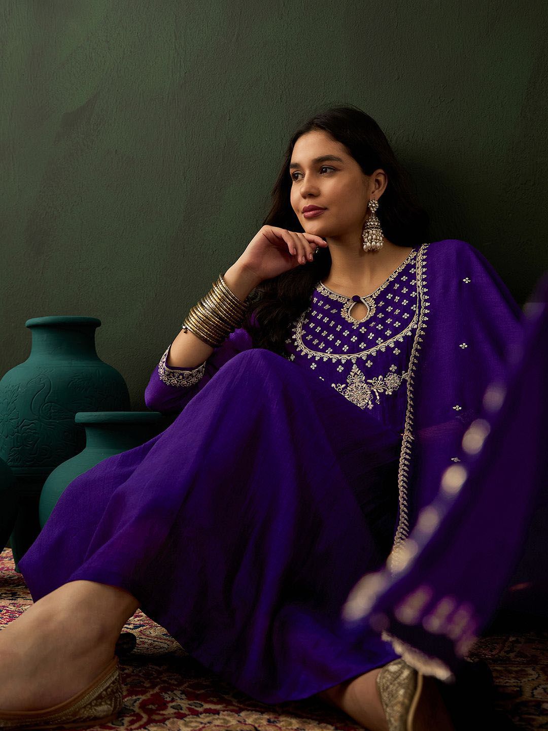 Dhiyona SN Women's Purple Ethnic Motifs Embroidered Keyhole Neck A-Line Kurta With Trouser & Dupatta