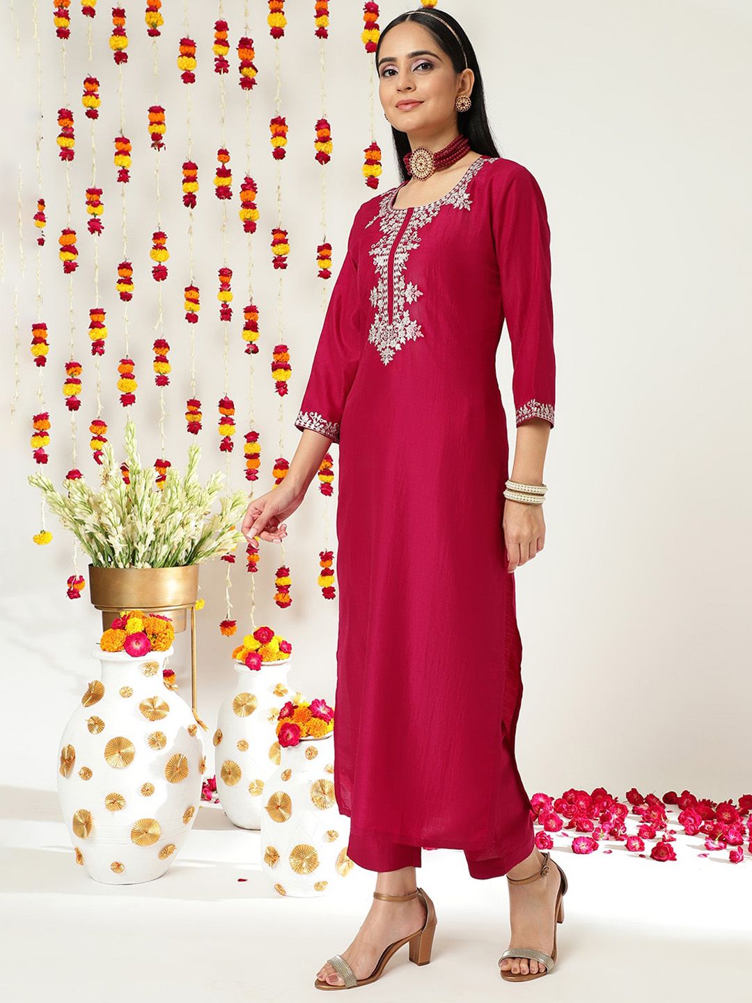 Dhiyona VA Women's Ethnic Motifs Yoke Design Zari Work Striaght Kurta & Trousers With Dupatta