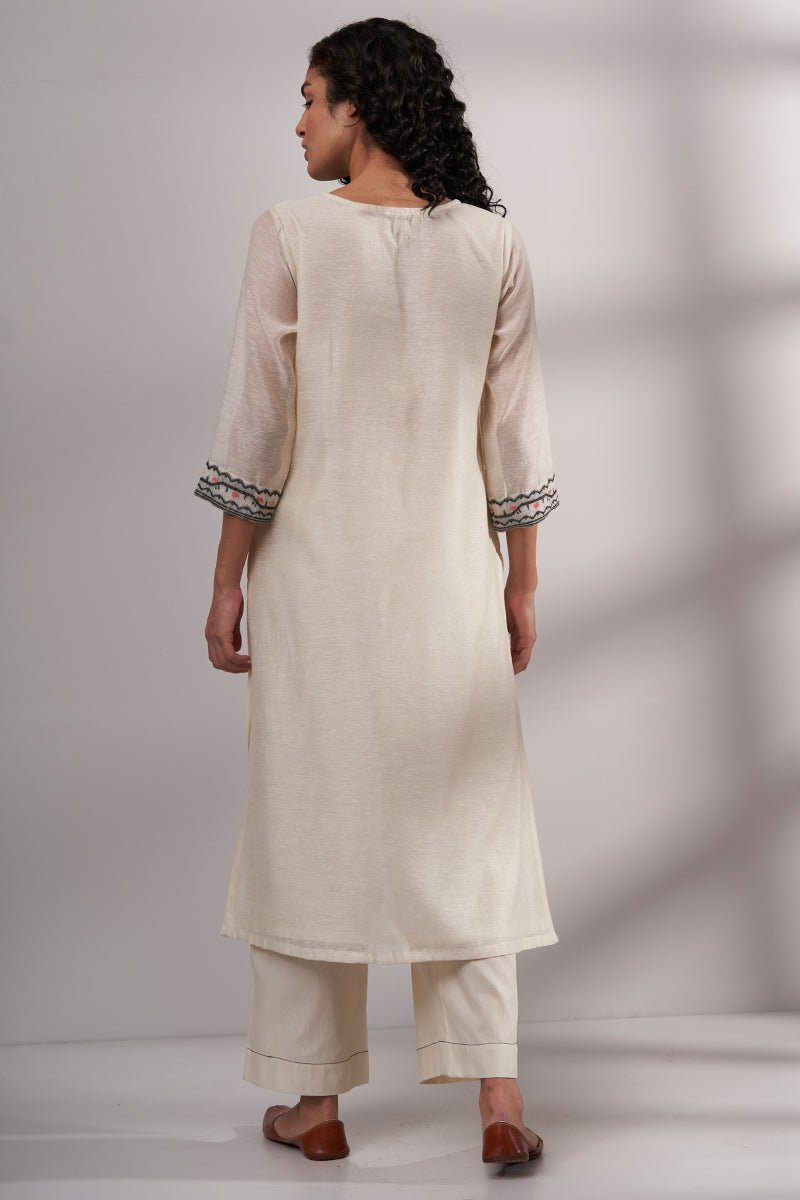 Women's Cream Woven Cotton Linen Kurta With Cotton Bottom